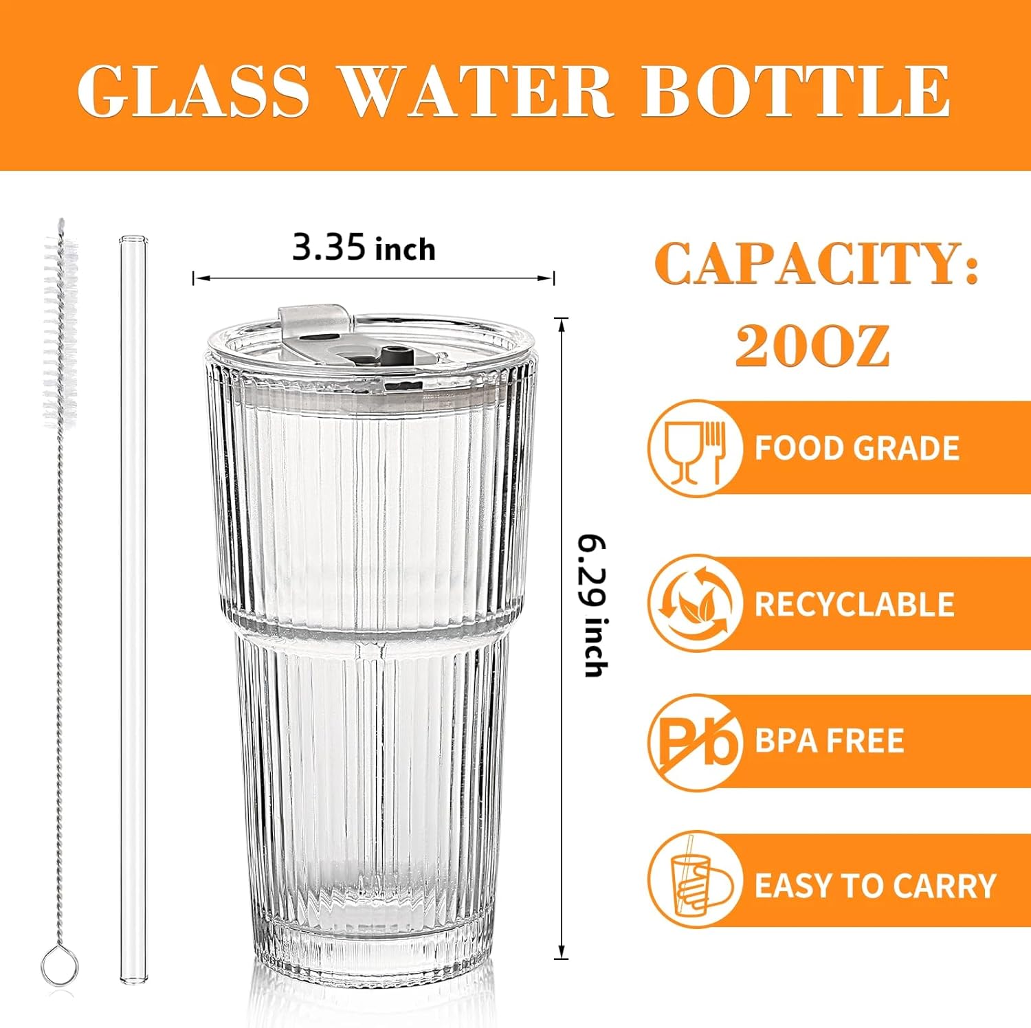 20oz glass tumblers with lids and straws,ribbed drinking glasses for iced coffee cups, juice, smoothies, cold beverages, 2pack