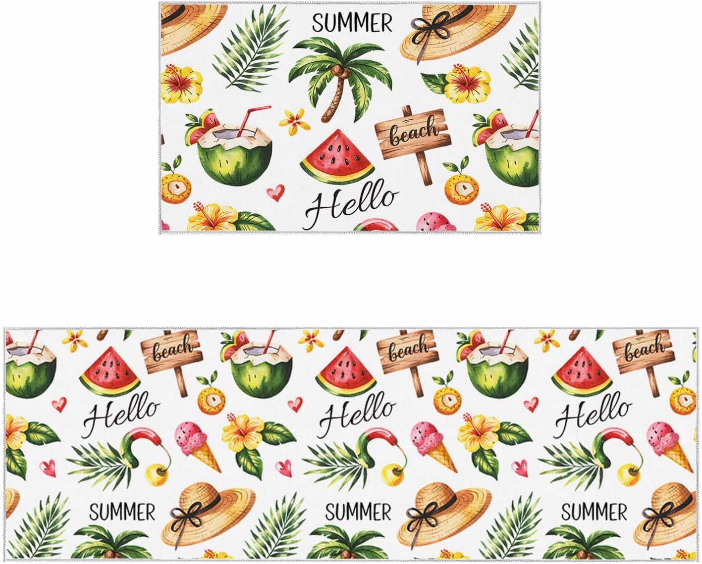 2 Pieces Kitchen Rugs and Mats,Summer Coconut Tree Straw Hat Area Runner Rug Set Non Slip Floor Doormat Washable Carpet Standing Mat for Kitchen Sink Indoor Corridor,Watercolor Coastal Beach Theme