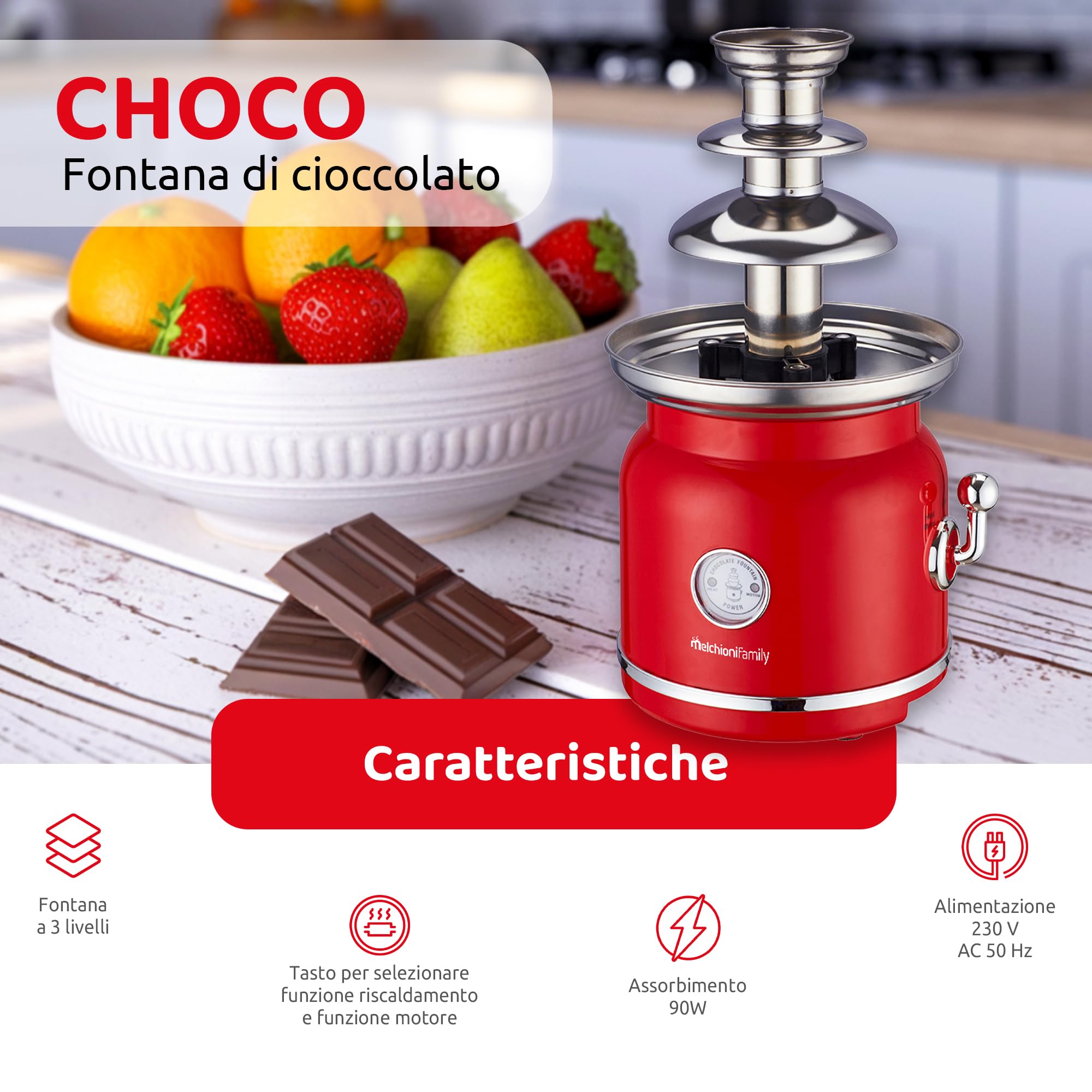 Melchioni Family Schokoladenbrunnen CHOCO mit 3 Stufen, mit Heizfunktion und Motorfunktion, 90 W, Rot