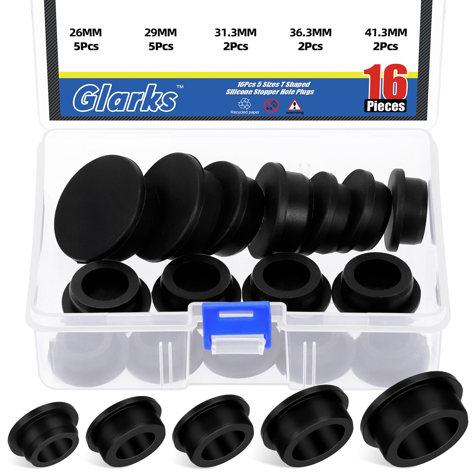 Glarks 16pcs 5 Sizes Hollow Silicone Hole Plug Set, Black High Temp Silicone Plug, T Shaped Stopper Hole Plug, Round Hole Flexible Stopper For Wire