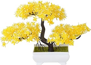 AzureLeap Mini Artificial Bonsai Tree Plants with Plastic Cement Pots for Home Office Décor(Yellow)