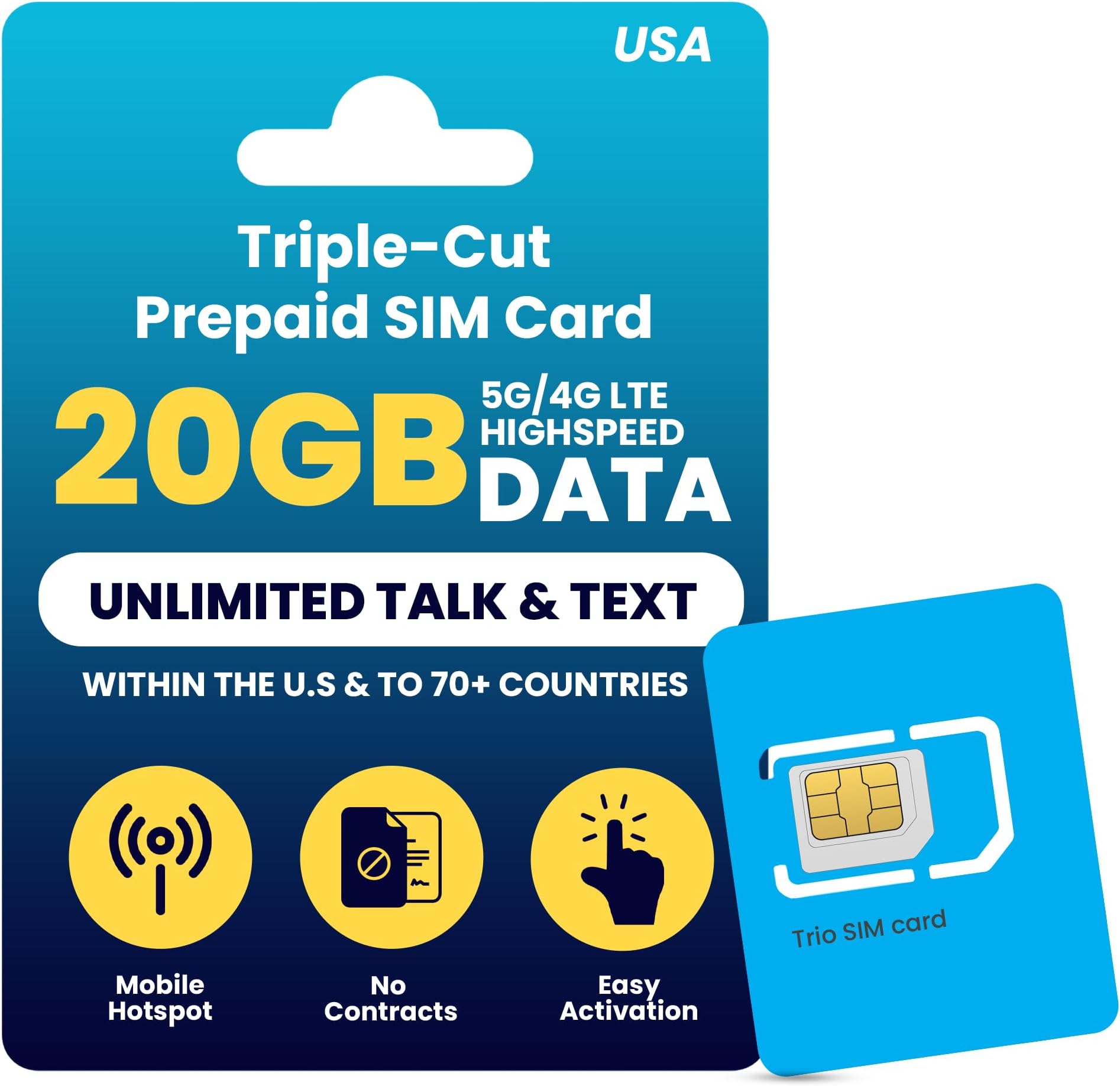 H2O Wireless 30-Day USA Physical Prepaid SIM Card with 20GB High-Speed 4G LTE/5G Data & 5GB Mobile Hotspot, Unlimited Data, Talk & Text to 70+ Countries, Triple-Cut US SIM Card for Cell Phones