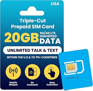 H2O Wireless 30-Day USA Physical Prepaid SIM Card with 20GB High-Speed 4G LTE/5G Data & 5GB Mobile Hotspot, Unlimited Data, Talk & Text to 70+ Countries, Triple-Cut US SIM Card for Cell Phones