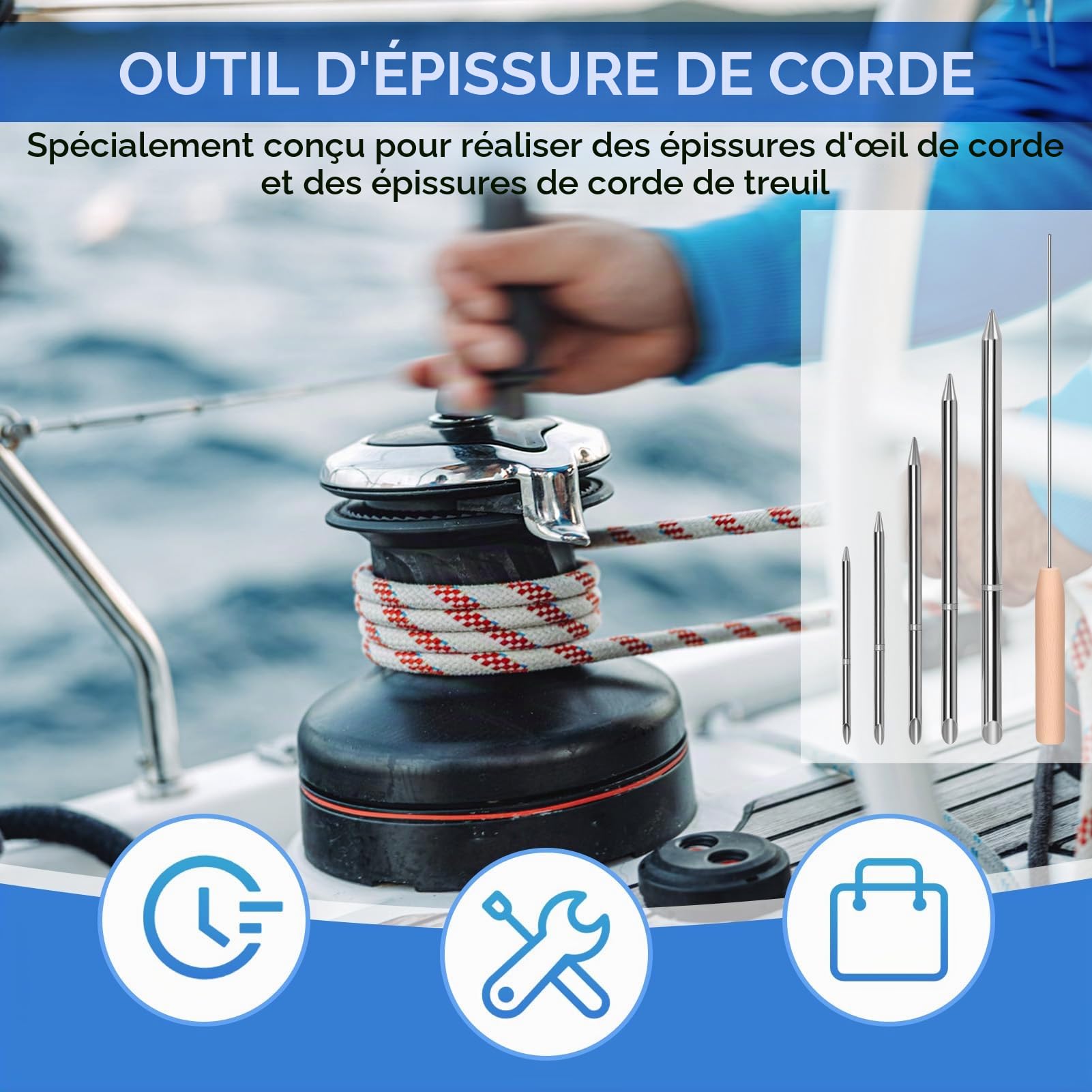 Kit de 7 outils d'épissure de corde FID en acier inoxydable avec 5 tailles de fils métalliques de 6,3 mm, 0,9 cm, 1,9 cm, 1,2 cm, 1,27 cm