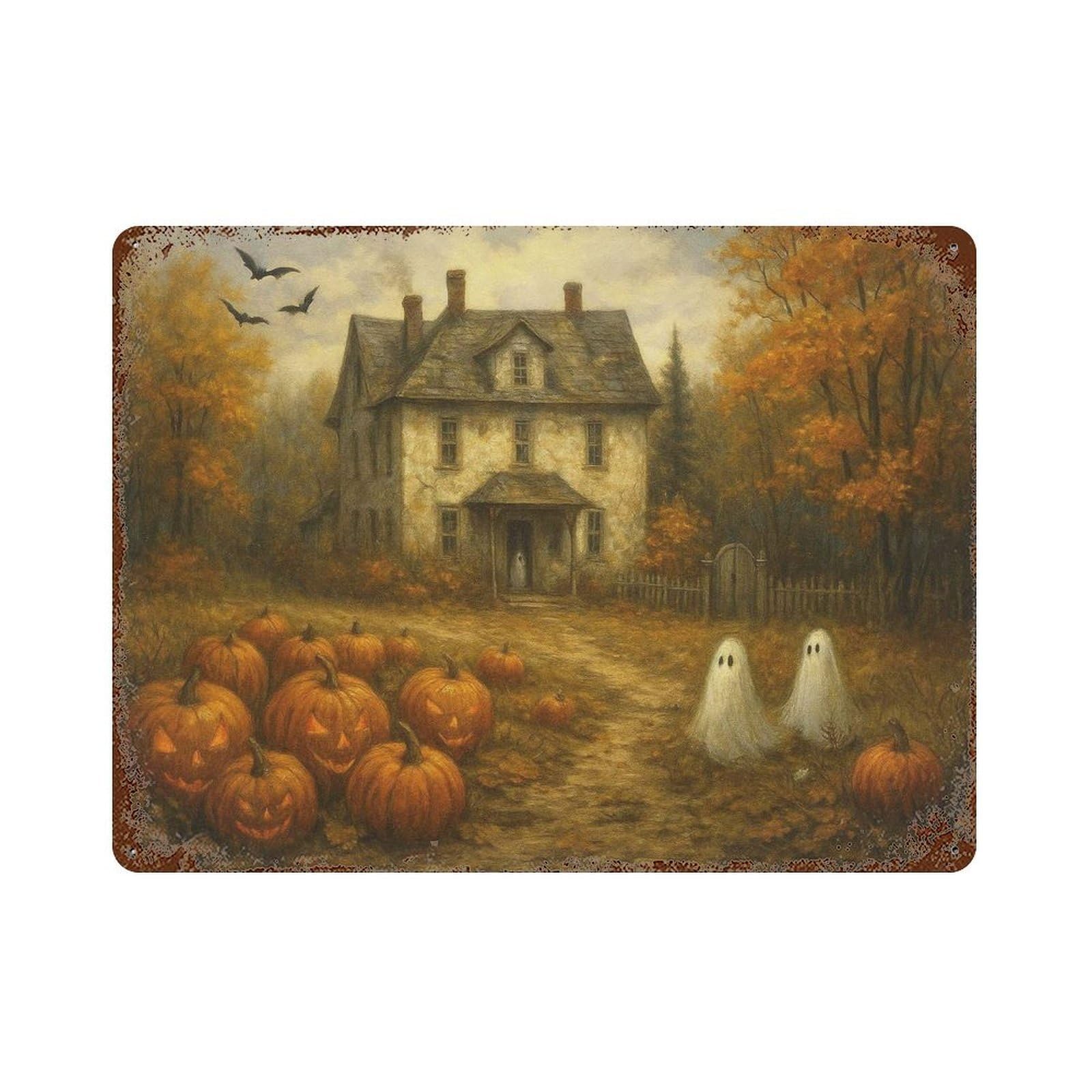 xiaoxiaoshen Cottagecore Halloween Ghost Haunted Farmhouse, Spooky Wall Decor Art Metal Tin Poster Modern Home Decor Art Home Bar Shop Decorations Vintage Sign 30x40cm