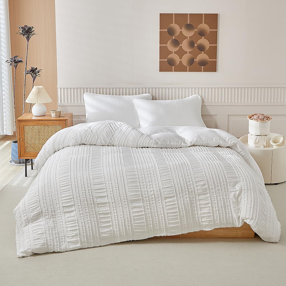 Housse de couette 230x260 cm blanche avec 2 taies parure lit 2 personnes