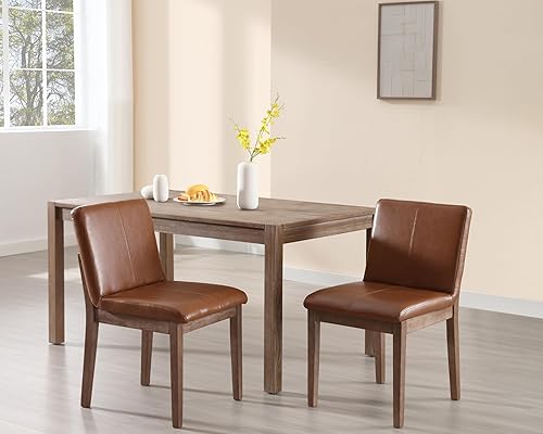 Juego de 2 sillas de comedor modernas, tapizadas de piel sintética de mediados de siglo, sin brazos, sillas de comedor con patas de madera para sala