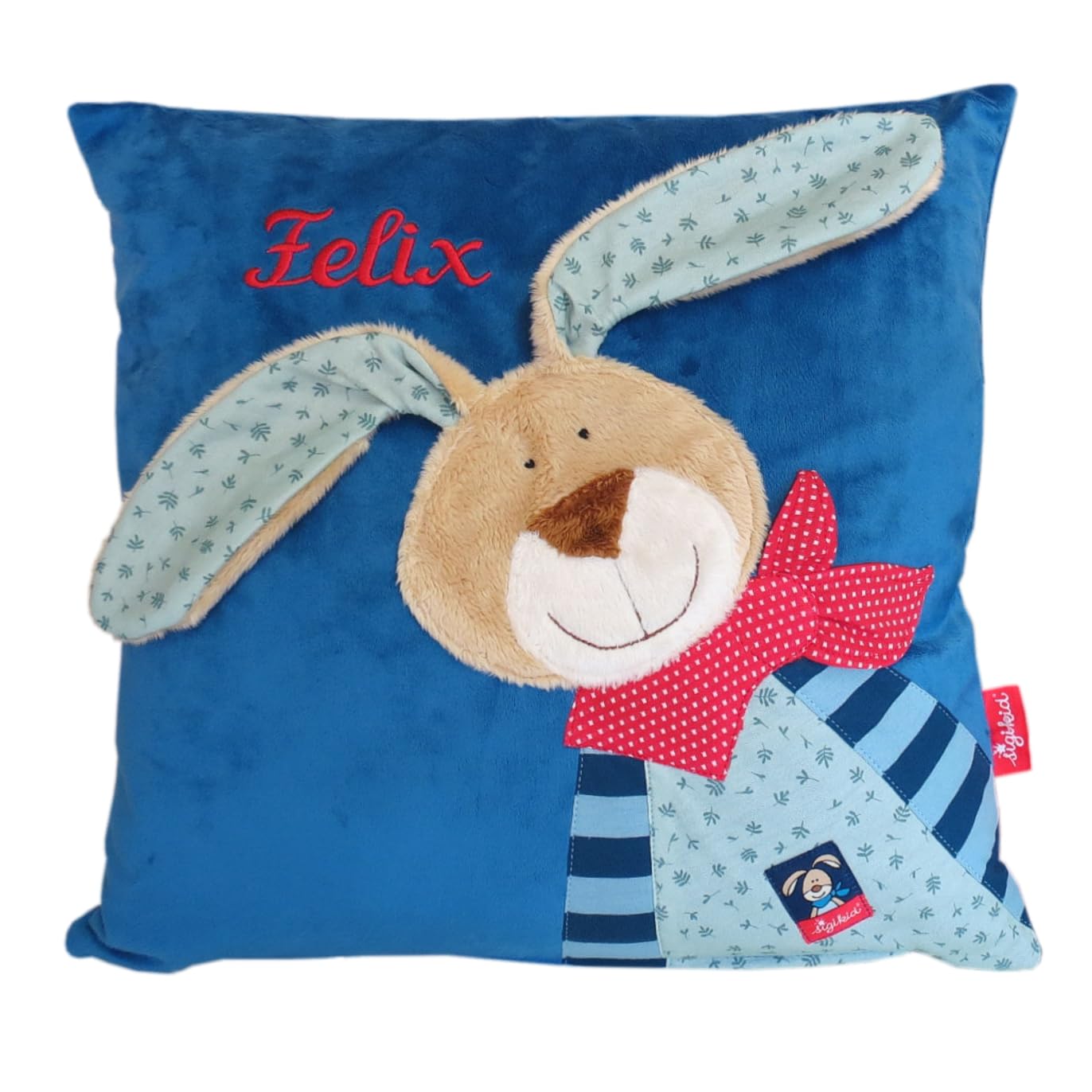 Sigikid Kuschelkissen mit Ihrem Wunsch-Namen Bestickt Wombel Bombel blau 40 cm x 40 cm inklusive Füllung Namenskissen Kinderkissen personalisiert