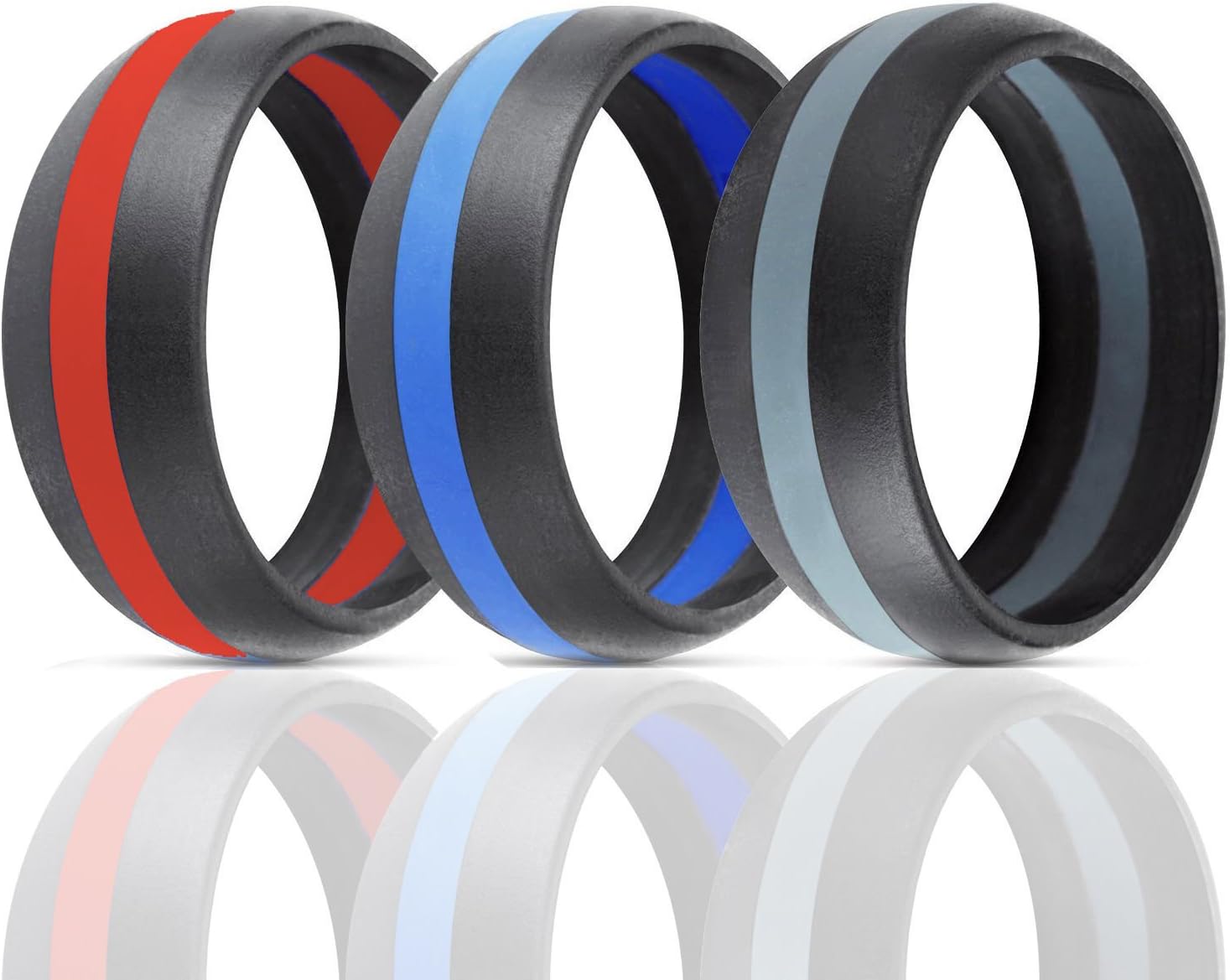 3 Piece Set Blue Gray Red Striped Silicone Wedding Ring Band Thin Line Athletic Men (11)