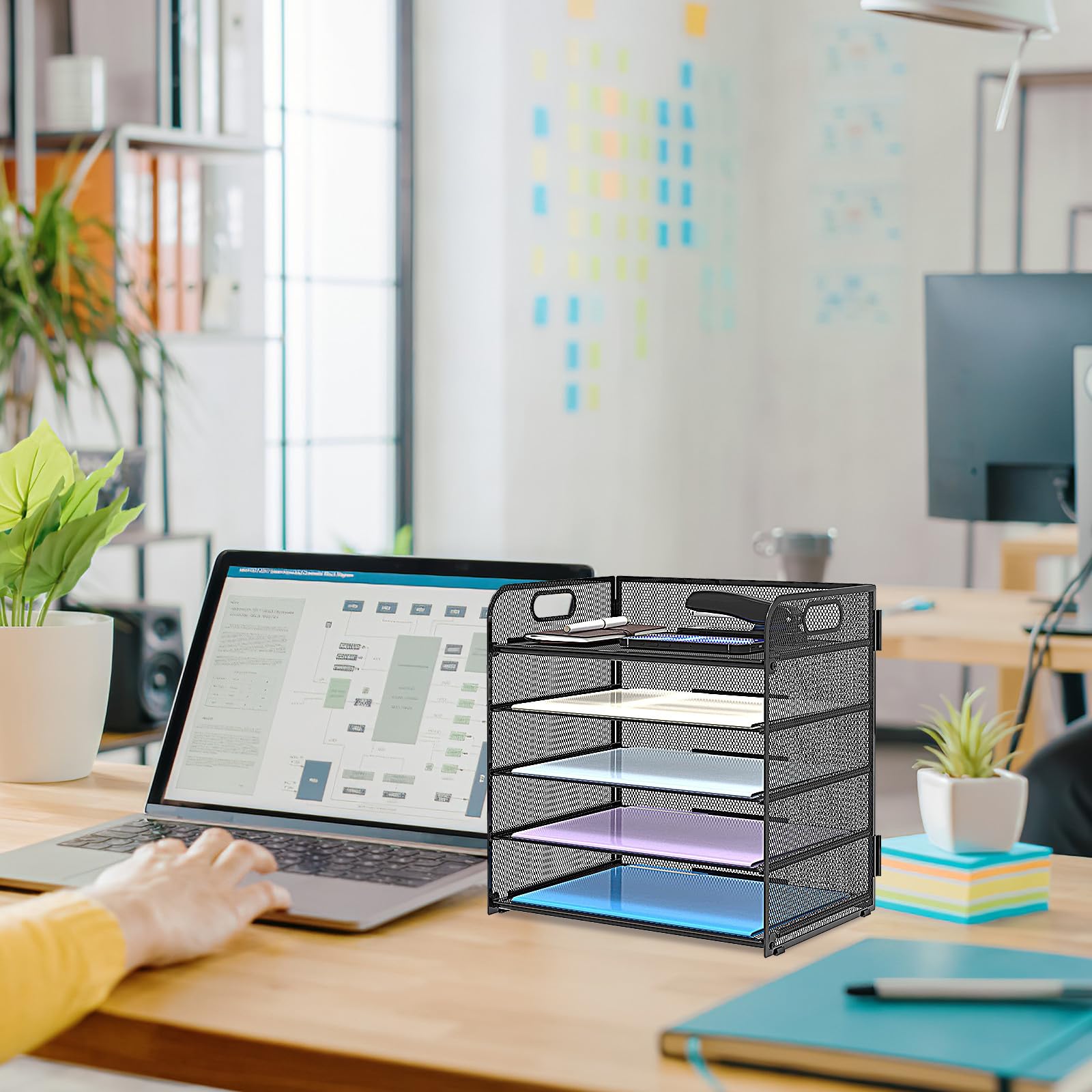 Organizzatore Documenti da Scrivania Organizzazione Efficiente e Durata Lunga 5 Livelli in Acciaio al Carbonio Rete Nera, Vassoio Carta Multi-livello per Ufficio e Desktop