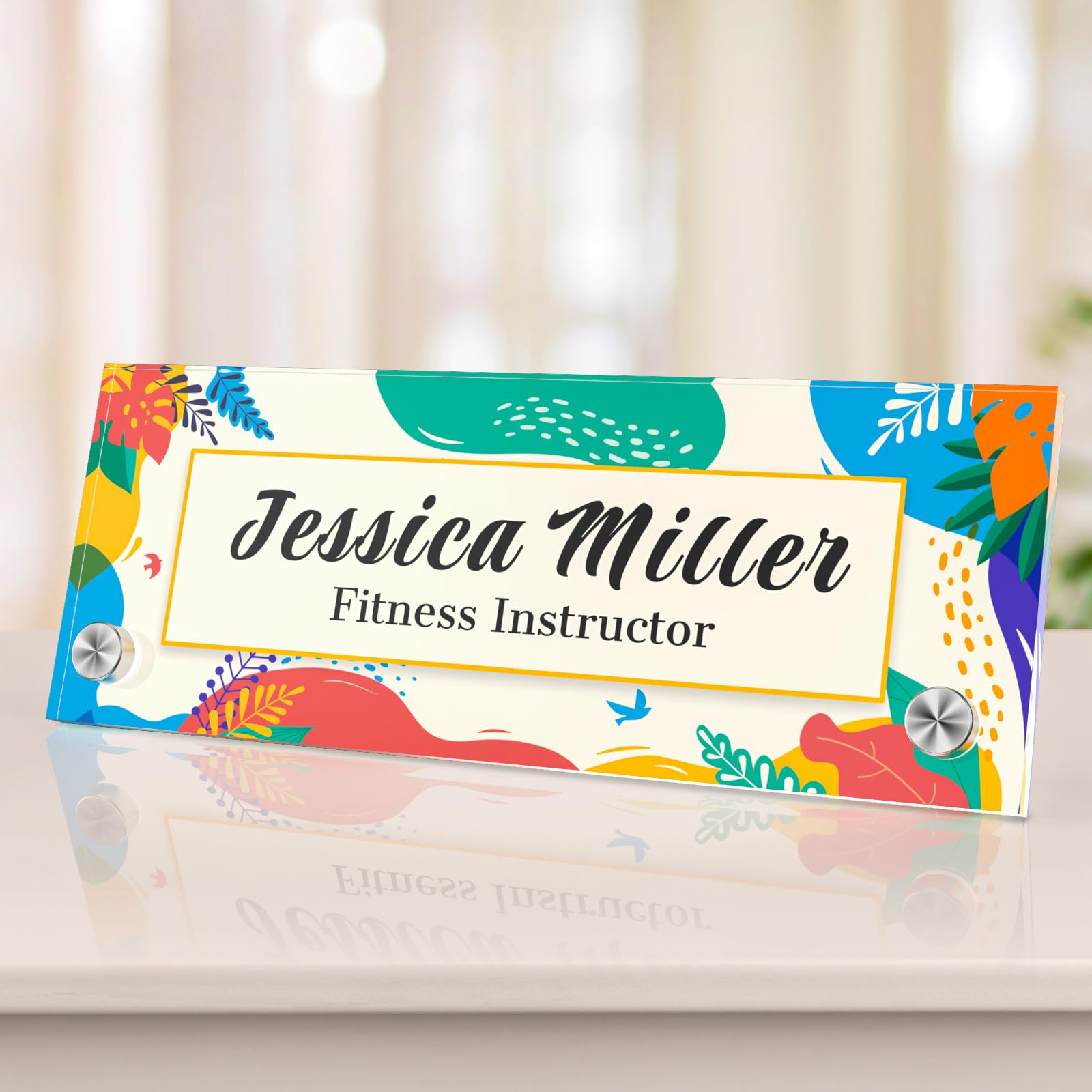 Personalized Name Plate for Desk with Standoff Barrels | Clear Acrylic Office Decor with Flowers Design | Custom Desk Decorations | Ideal Personalized