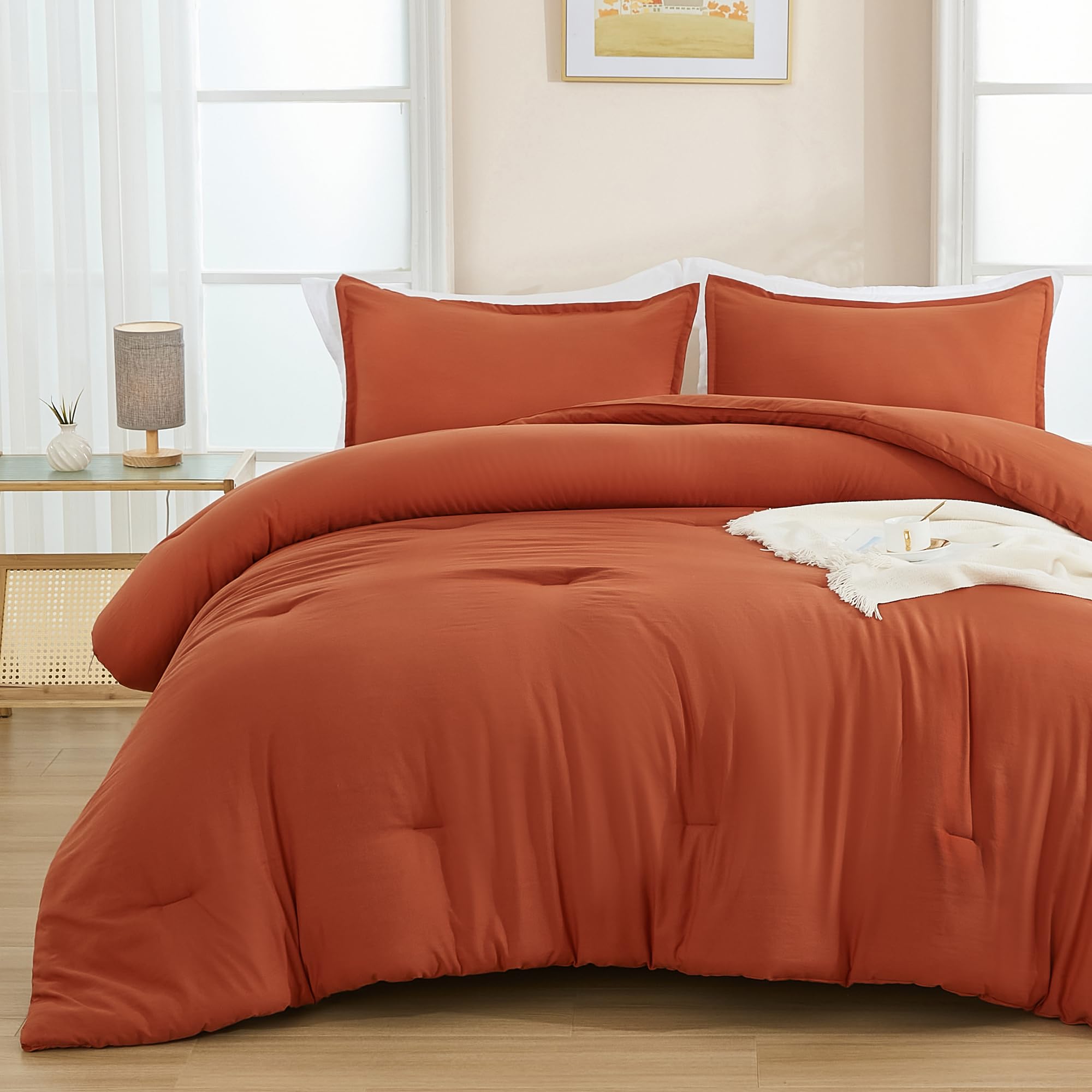 Andency Burnt Orange California King Comforter Set - 7 Pieces Terracotta Bed in a Bag Cal King Bedding Comforter Sets, Summer Solid Soft Lightweight Comforter with Sheets, Pillowcases & Shams