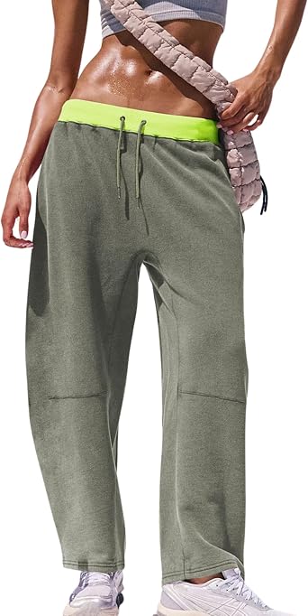 Athlisan Womens Barrel Sweatpants Wide Leg Color Block Workout Track Pants TrousersGreyGreen-L