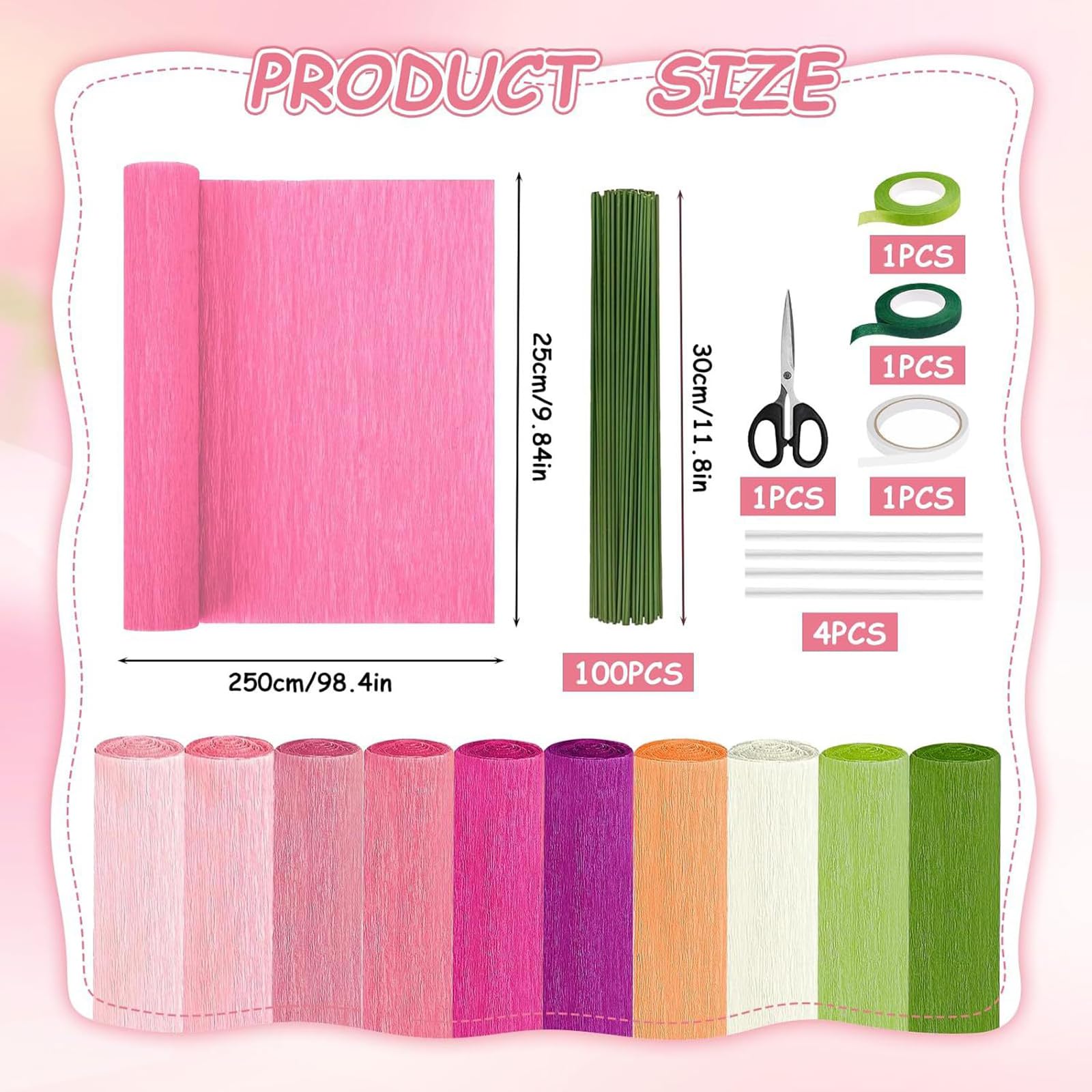 10 Rollen Krepppapier Rollen, Blumen Bastelset für handgefertigte Blumen mit komplettem Zubehör, einschließlich Draht und Klebeband Set Basteln von Papierblumen
