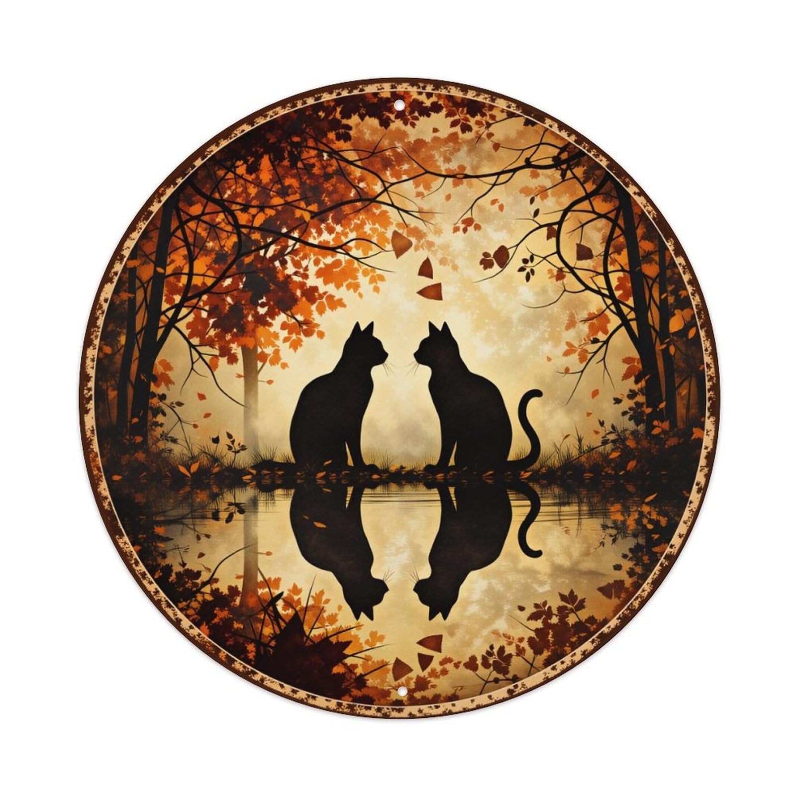 Autumn Forest Cats Reflection Leaves Round Tin Sign Vintage Style Metal Sign Home Bar Garden Wall Plaque Decor Metal Poster 8x8 Inch