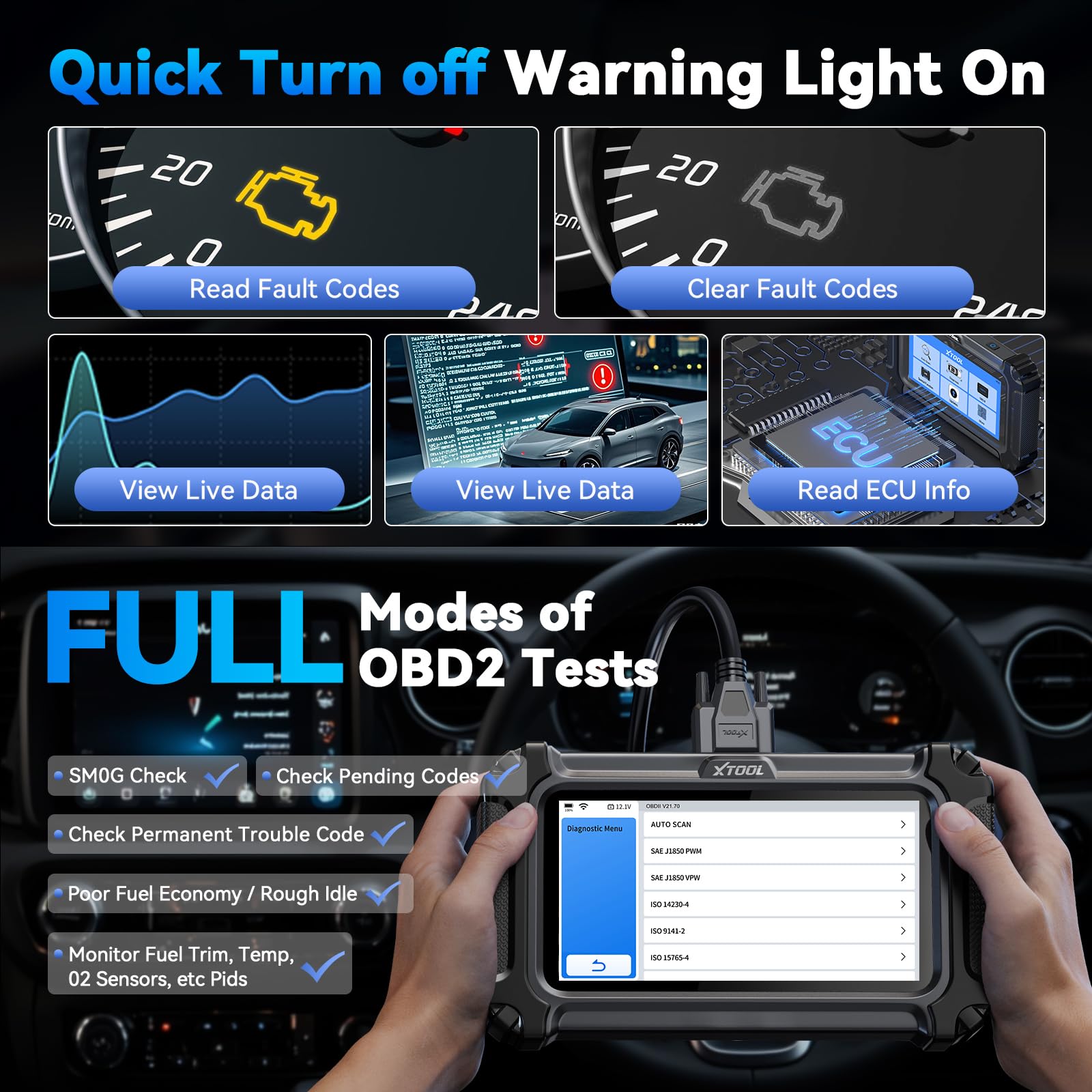 XTOOL D5S Escáner OBD2 Lector de Códigos 2025 para Coches y Camiones con 15 Funciones de Reinicio, Aprendizaje de Sensor de Arranque, FCA AutoAuth, CAN FD para GM, Herramienta de Transmisión ABS Motor