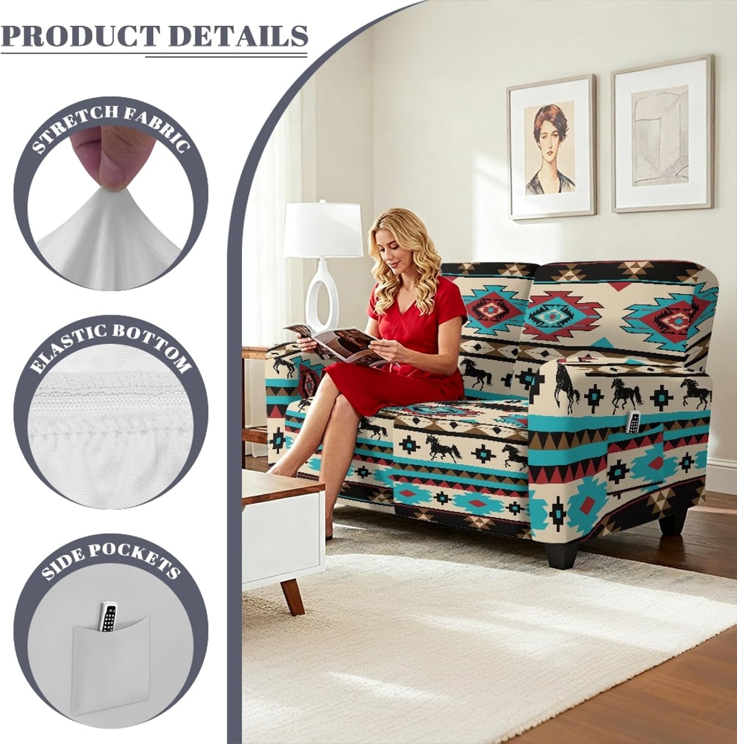 Yzaoxia Aztec Grid Couch Covers for 2,Cool Horse Furniture Protector for Loveseat with Elastic Loops Love Seat Recliner Cover for Living Room 2 Seat Sofa Covers 6-Pieces