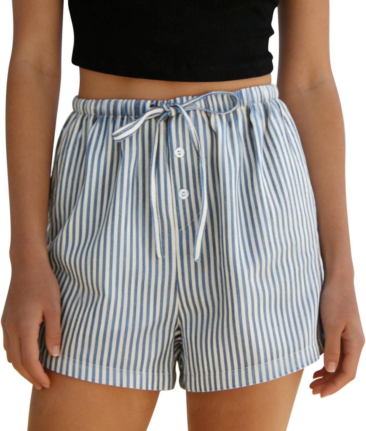 Women's Striped Shorts Elastic Waist Drawstring Lounge Shorts Summer Lightweight Beach Bottoms with Pockets