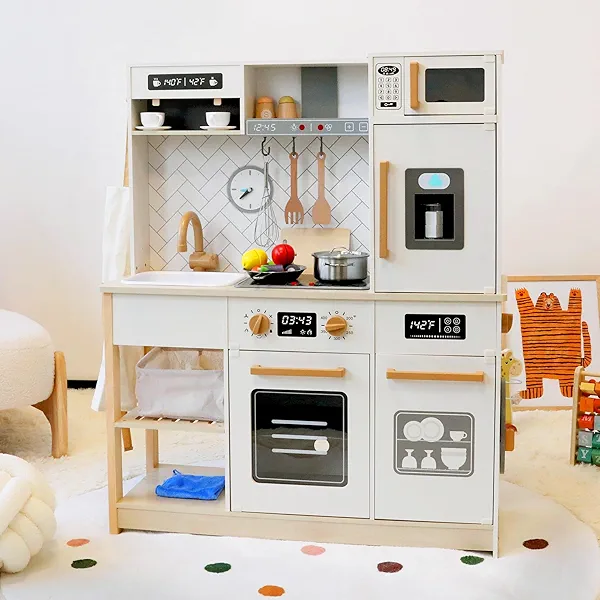 Freniland Wooden Play Kitchen Kids Kitchen Playset with Real Light & Sound Realistic Ice Maker Stove Oven Chef Pretend Toy Kitchen Include 31 Accessories Kids Toy Gift for Child Ages 3+ Toy Furniture