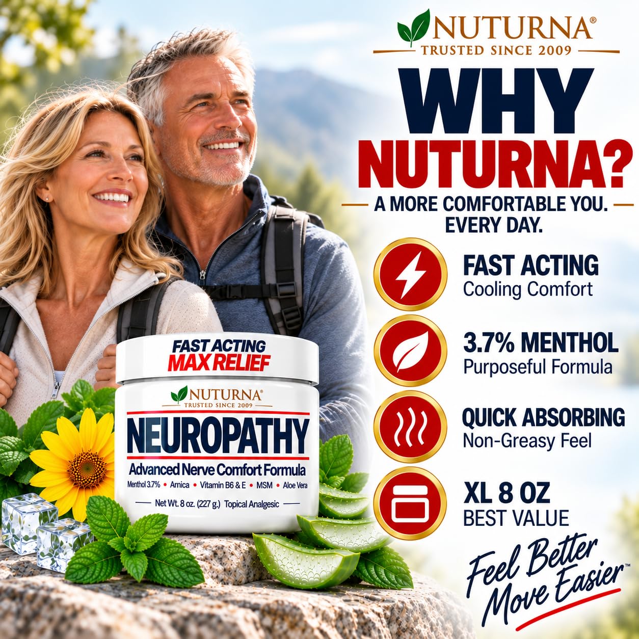 Neuropathy Nerve Cream - Fast-Acting Maximum Strength 3.7% Menthol for Feet, Hands, Legs & Toes - Cooling Nerve Comfort - Non-Greasy with Arnica, MSM & Aloe Vera - Made in USA - XL 8 oz Value Size — Amazon image 7