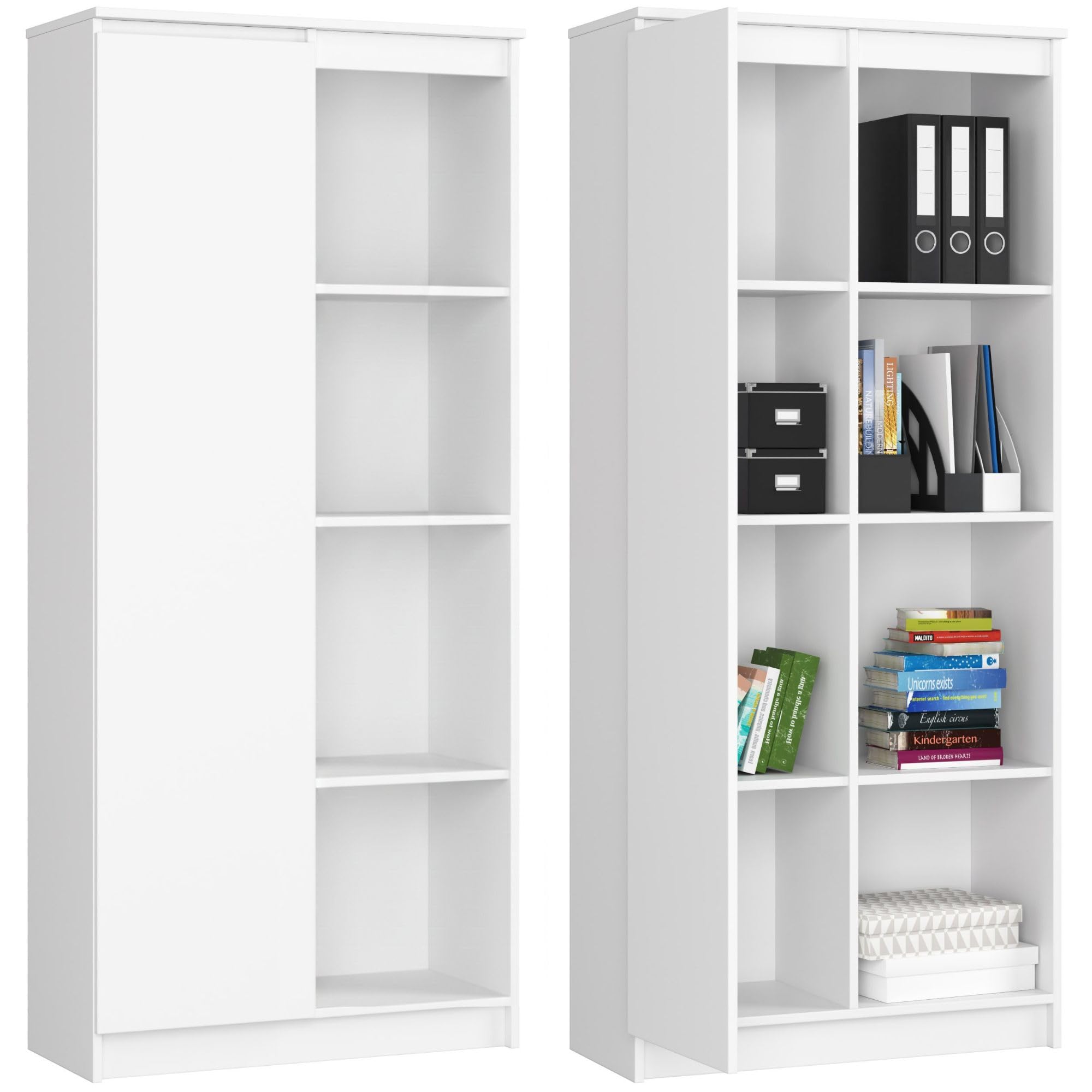 Home Collective Schrank Büroregal Bücherregal Regal weiß 80cm breit 180cm hoch, mit Tür und 4 Fächern Küche, Haushalt & Wohnen