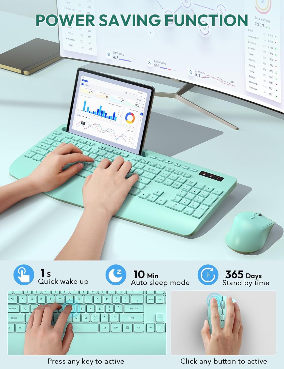 SABLUTE Bezprzewodowa klawiatura i mysz, podpórka pod nadgarstek, uchwyt na telefon, baterie w zestawie, ergonomiczna klawiatura 2,4 G, bez opóźnień, zestaw bezprzewodowy, do komputera, laptopa