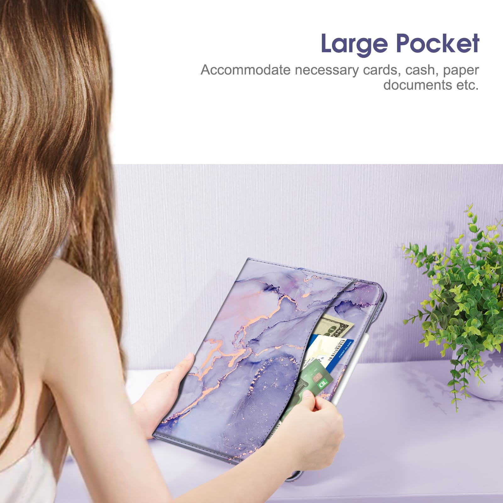 Fintie Funda para iPad Air de 13 Pulgadas (M3) 2025 / (M2) 2024, Funda Protectora de visualización multiángulo con Soporte para lápices y Bolsillo, Apagado y Encendido automático, mármol Lila