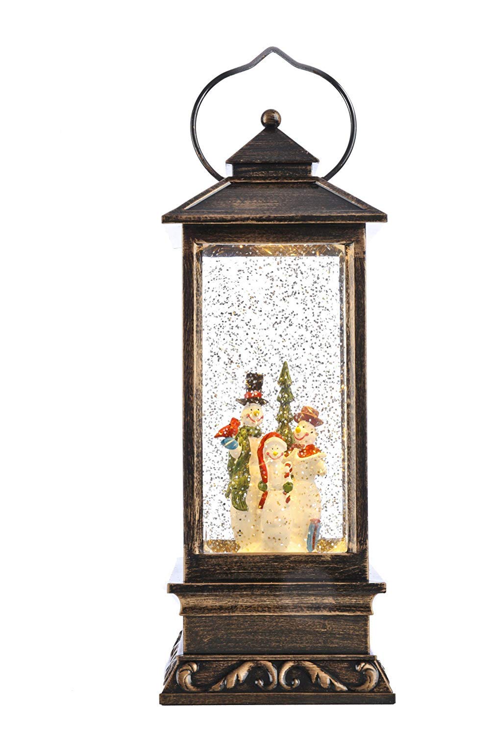 Jingles White 27Cm Christmas Glitter Water Spinner W Snowmen & W Leds Xmas Lantern Shaped- Battery Operated