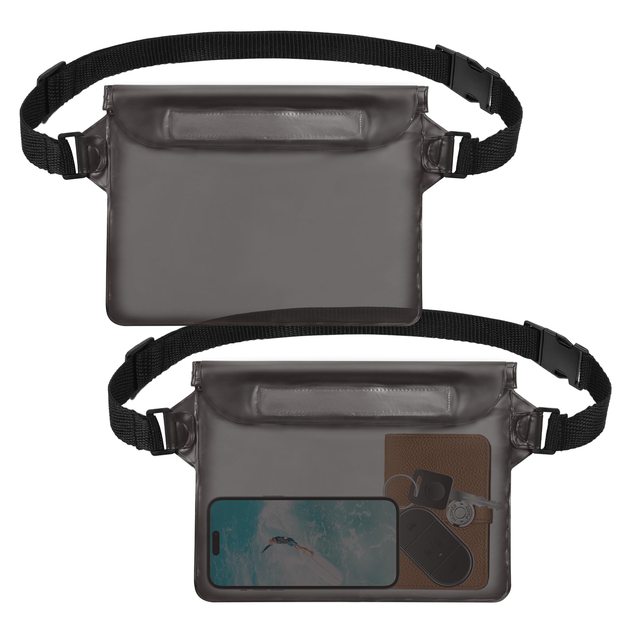 jealkip 2-Pack Waterproof Pouch with Adjustable Waist Strap, Waterproof Dry Bag, Keeps Cell Phones and Valuables Safe and Dry, Perfect for Kayaking, Beach, Camping and Swimming (Black)