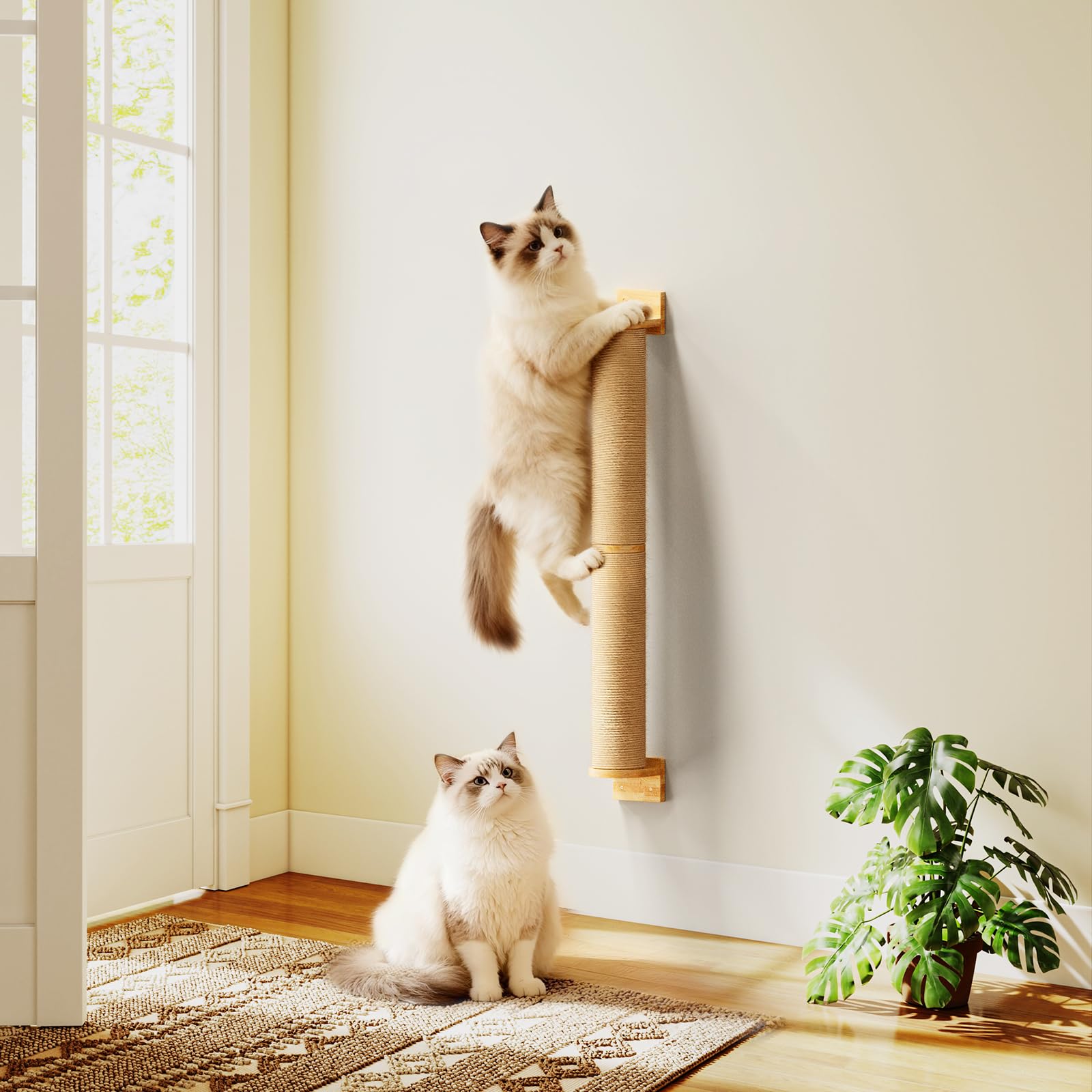 SnuyGo Cat Wall Scratcher Post- 24" Thicker Columns Wall Mounted Rubber Wood Sisal Scratching Post Furniture for Large Cats and Kittens