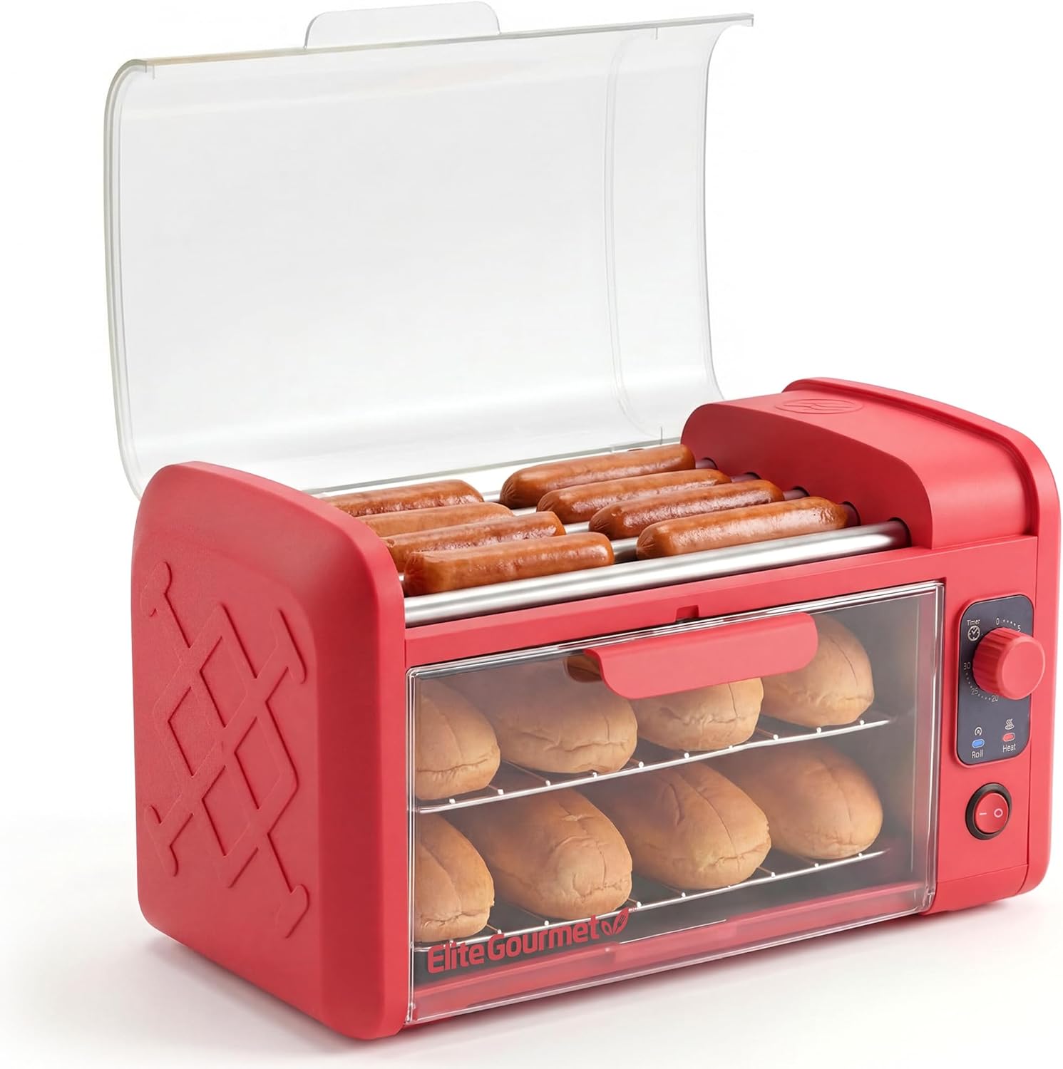 Elite Gourmet 8 Hot Dog Roller & Toaster Oven with 30 Minute Timer, 5 Stainless-Steel Rollers, Adjustable Temperature Control, Power & Includes Bake/Drip Pan, 2 Wire Racks, Bake, Toast, Red