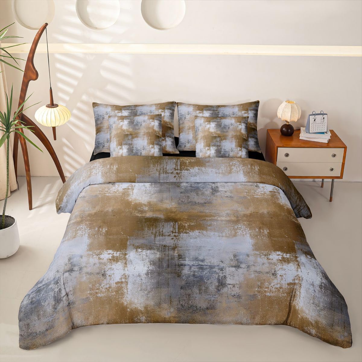 Loussiesd Set di biancheria da letto con copripiumino per letto singolo, 7 pezzi, motivo geometrico ombré, per bambini, ragazzi e ragazze, colore marrone e blu, sfumato in una borsa con copripiumino