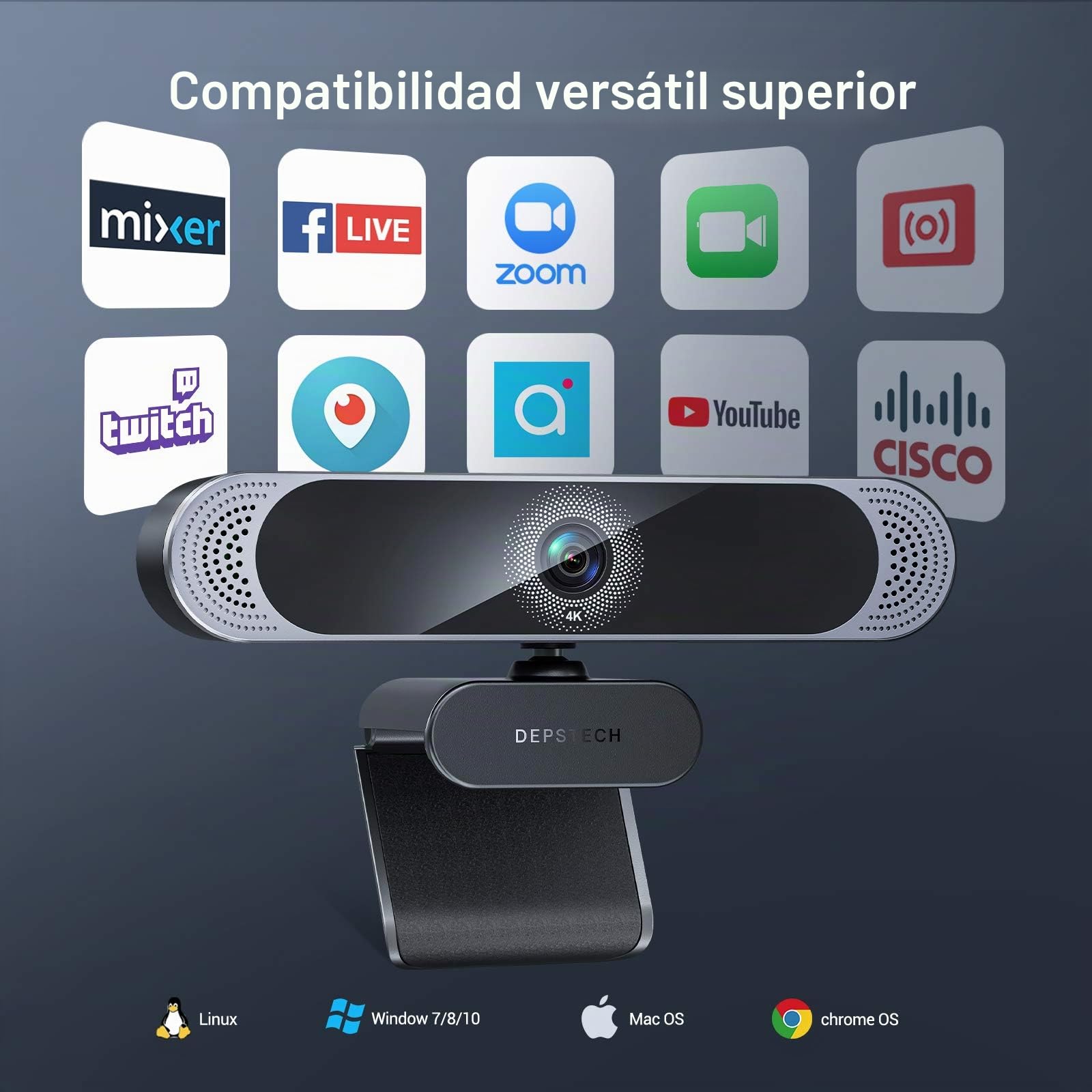DEPSTECH Cámara Web 4K HD Con Micrófono 8MP, USB Autofocus, Caché y Trípode - Para PC, Portátil, Windows, Mac, Zoom, Skype, Youtube