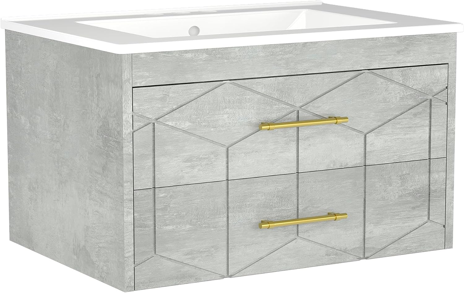 IDEALHOUSE Floating Bathroom Vanity with Sink 30 inch, Modern Bathroom Sink Cabinet, Ceramic Vanity Top, 2 Large Storage Drawers with Gold Metal Handle, Easy to Assembly, Grey