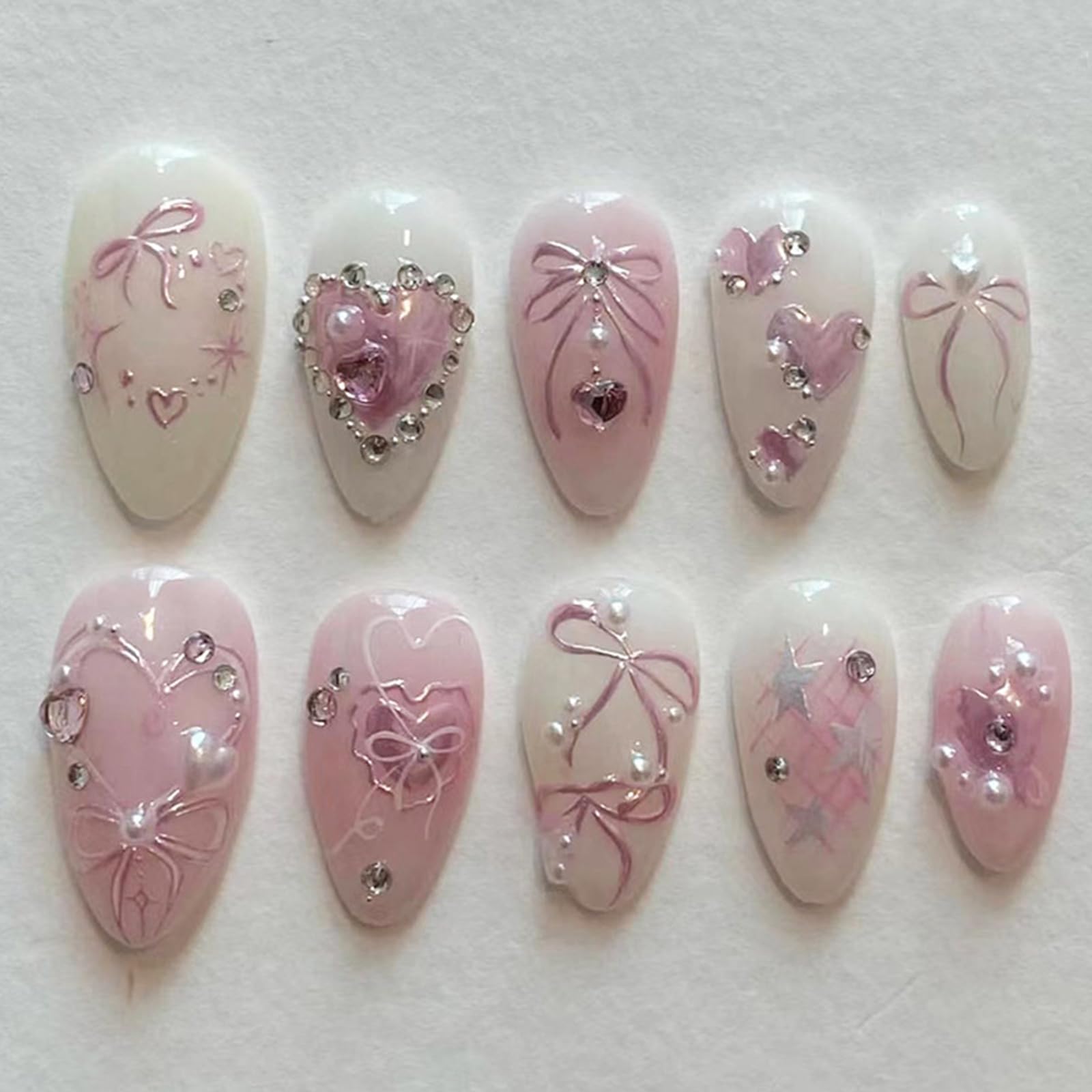 Pink French Tip Press on Nails with Charms Medium Almond Fake Nails with 3D Pearl Rhinestones Designs Cute Bow Acrylic Full Cover Glossy Stick on False Nails Manicure Kits for Women 24Pcs