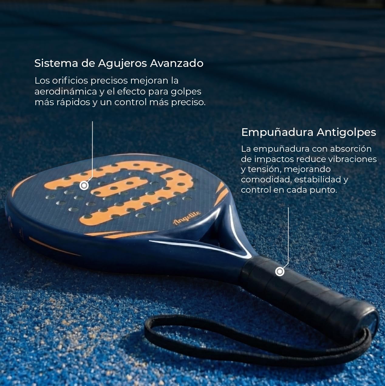 Pala de pádel Angelite AG1 con 2 años de garantía | Marco Ligero y Resistente de Fibra de Carbono de 360 g, Superficie de Fibra de Vidrio y Espuma EVA FlexCore para un Control máximo