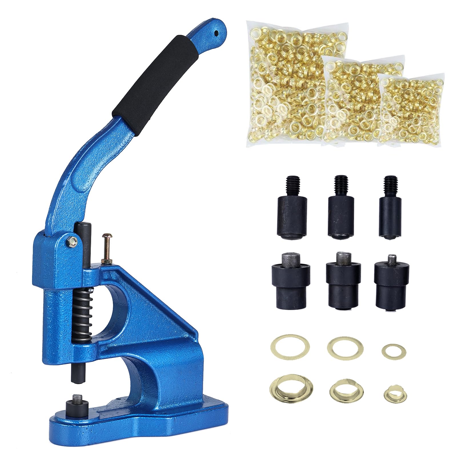 FreeTec Maquina de Ojales, Prensa de Ojales Metalicos, 6mm 10mm 12mm Manual Maquina de Remachadora Ojales con 3 Moldes y 1500 Ojales Dorados para Lonas Cuero Telas Cinturones Cortinas Bolsos