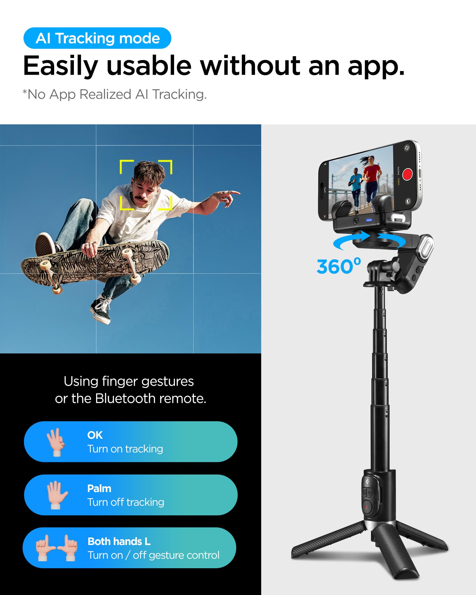 Spigen S620W Stabilizzatore Gimbal per Smartphone con Treppiede a Riconoscimento Facciale, Supporto per Selfie Rotabile Verticale e Orizzontale, Include Luce LED e Telecomando Bluetooth - Nero