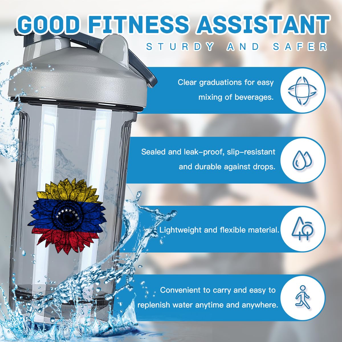 Vintage Sunflower Venezuelans Flag 18 Ounce Shaker Bottle Drink Mixer Leak-proof Pre Workout Protein Shakes Meal Replacement Shakes Bottles 500ML/18 Oz Gray