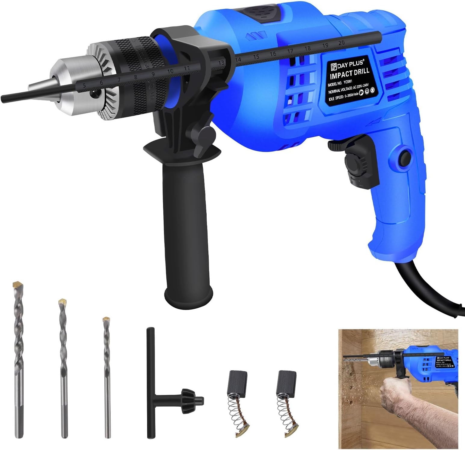 Power 230V 850W Rotary Hammer Drill Set, Wood Concrete Steel Stone Electric Breaker with 360° Rotatable Side Handle 3000rpm Variable Speed Depth Gauge 13mm Chuck and Drill Bits(5/6/8mm)