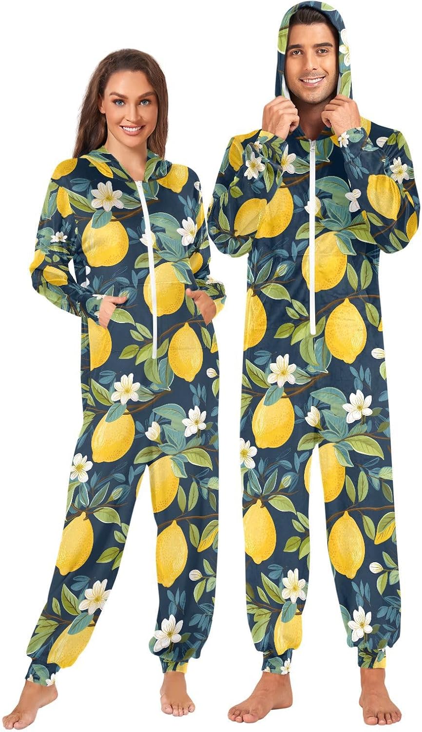 Yellow Lemon Green Blue Adult Onesie Pajamas Novelty One Piece Costume Sleepwear Jumpsuits Matching PJS