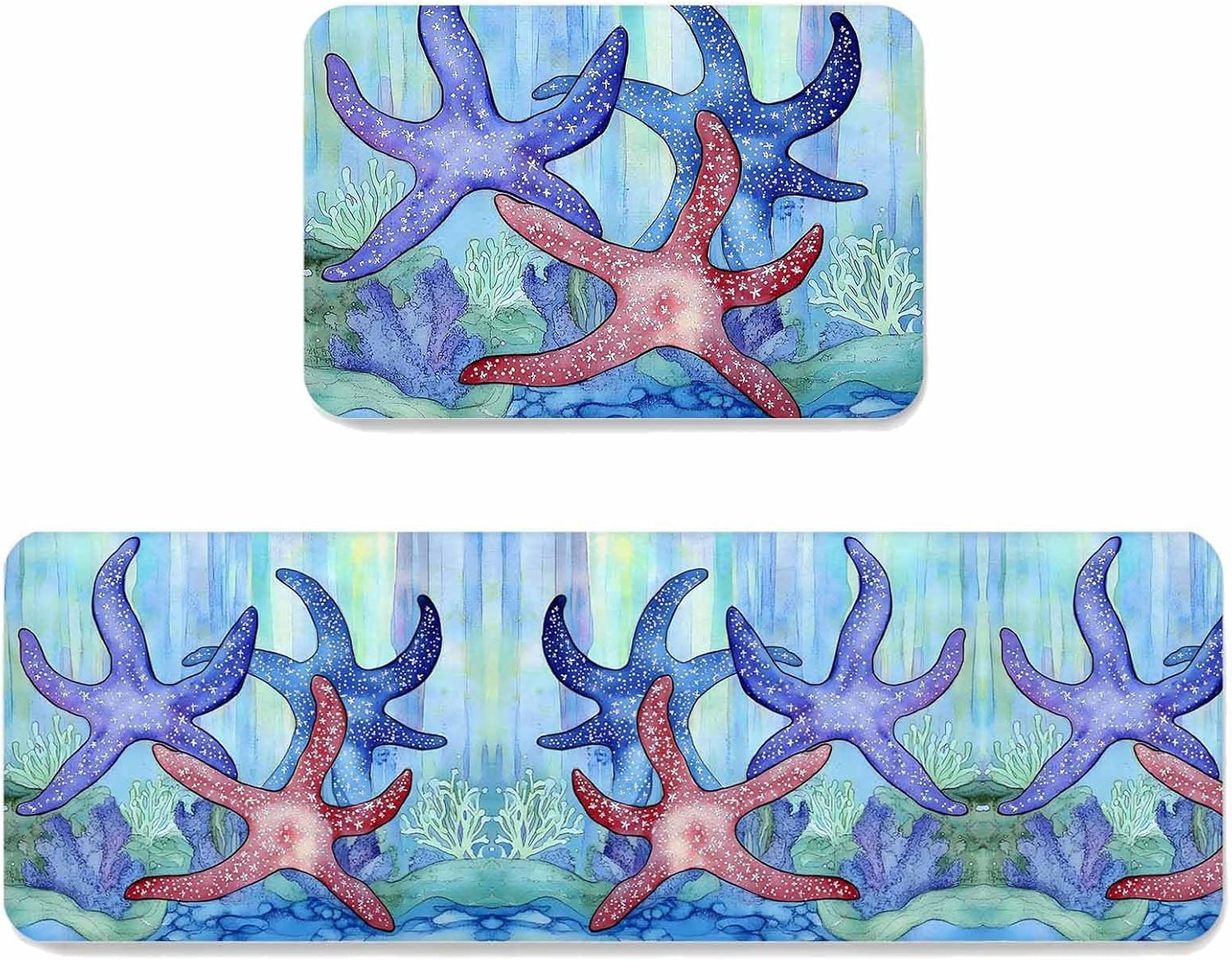 Marine Life Kitchen Mat Set 2 Pieces Blue Purple Red Starfish Watercolor Coral Abstract Non Slip Kitchen Rugs Washable Runner Rug Mats for Floor Sink Laundry Office 19.7" x 31.5"+19.7" x 47.2"