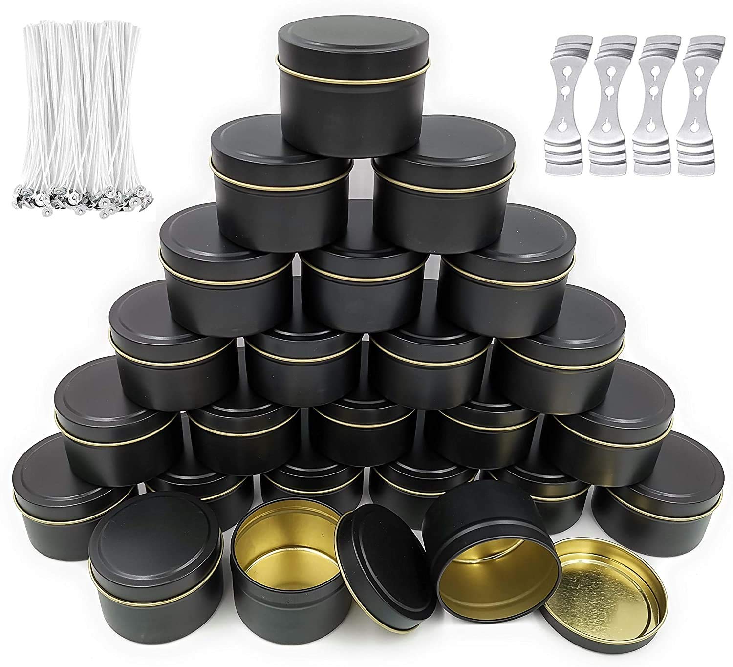 NRANSON Słoiki na świece do produkcji świec, zestawy do produkcji świec zawierają 24 sztuki metalowych puszek na świece 237 ml z pokrywkami, 50 bawełnianych knotów, 40 naklejek knotów, 4 uchwyty na knoty, zestaw upominkowy do samodzielnego wykonania świec