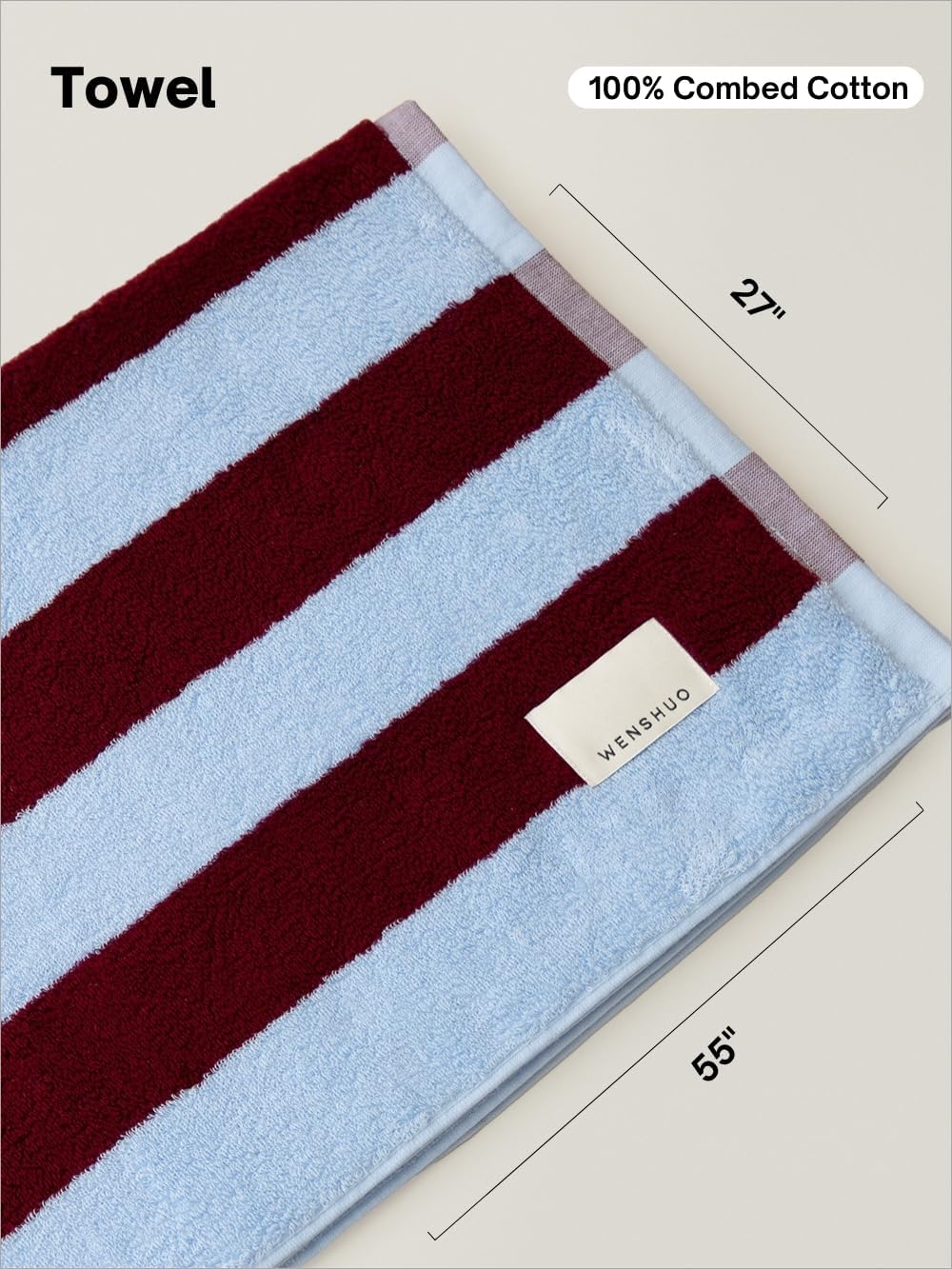 WENSHUO Bordeaux Red Vineyards-Pure Cotton Wide Striped Bath Towel,100% Combed Cotton,Luxury Shower Towel,Super Absorbent(Pack of 1) (55.12" L × 27.56" W) - Image 2