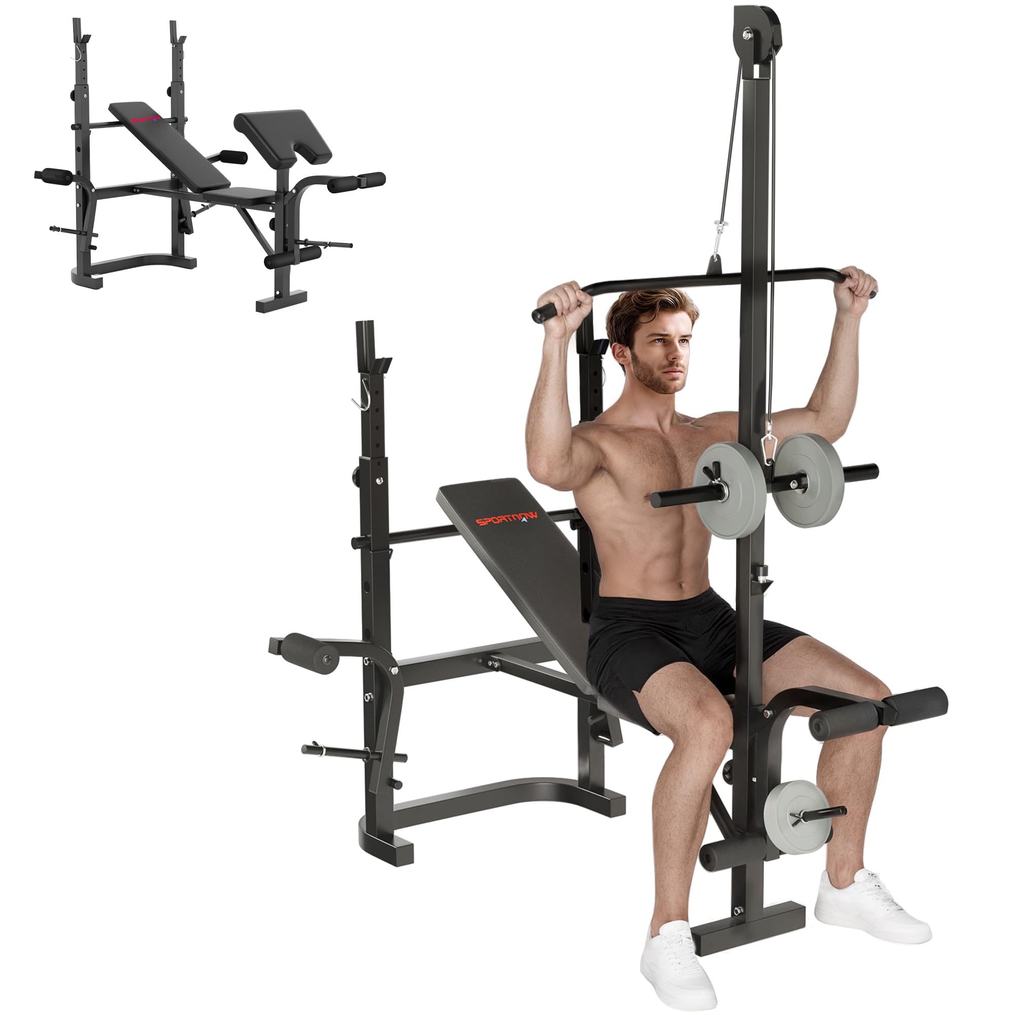 SPORTNOW Panca Palestra Multifunzione Regolabile con Rack Bilanciere, Panca Preacher Curl, Panca Pesi Inclinabile Piana con Leg Extension, Barra Lat Pull Down, Allenamento Palestra Casa, Nero