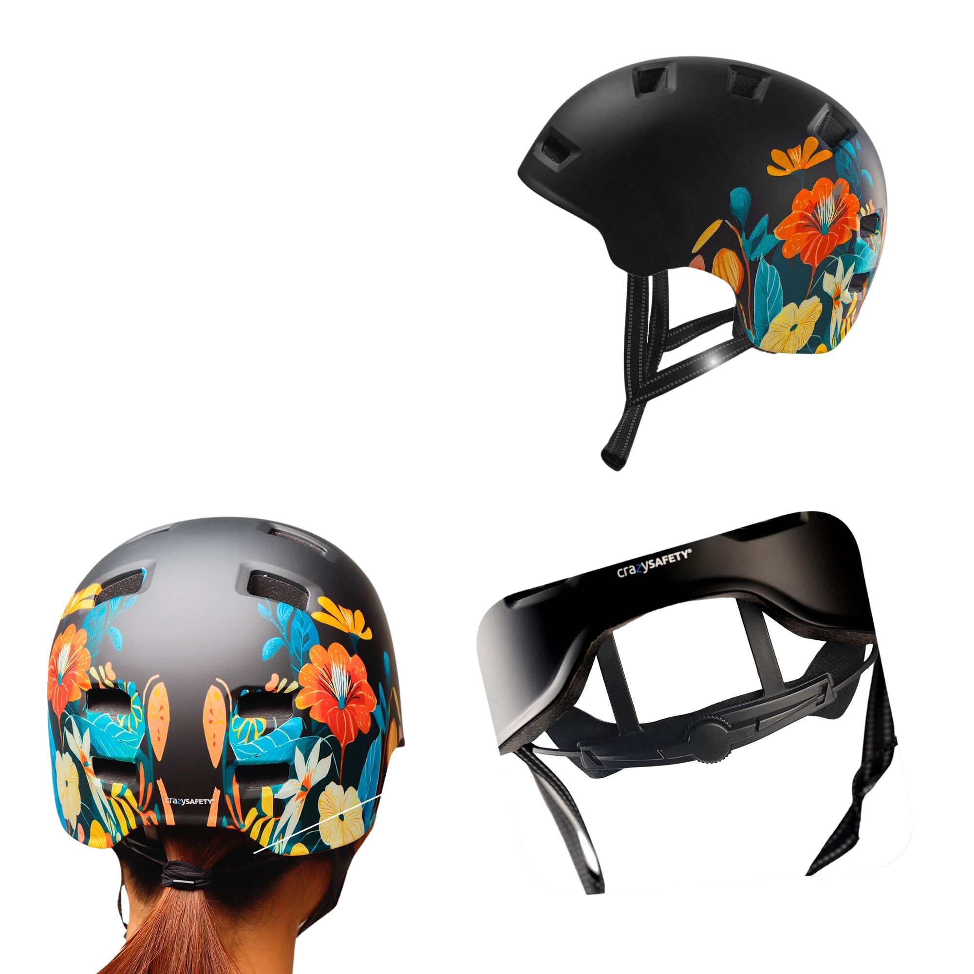 Crazy Safety Rampage Fleur Noire | Casque pour vélo, Skateboard, Rollers et BMX | Casque de vélo pour Hommes, Femmes et Enfants | M (54-57cm) | Casque Ajustable pour skateurs et Cyclistes