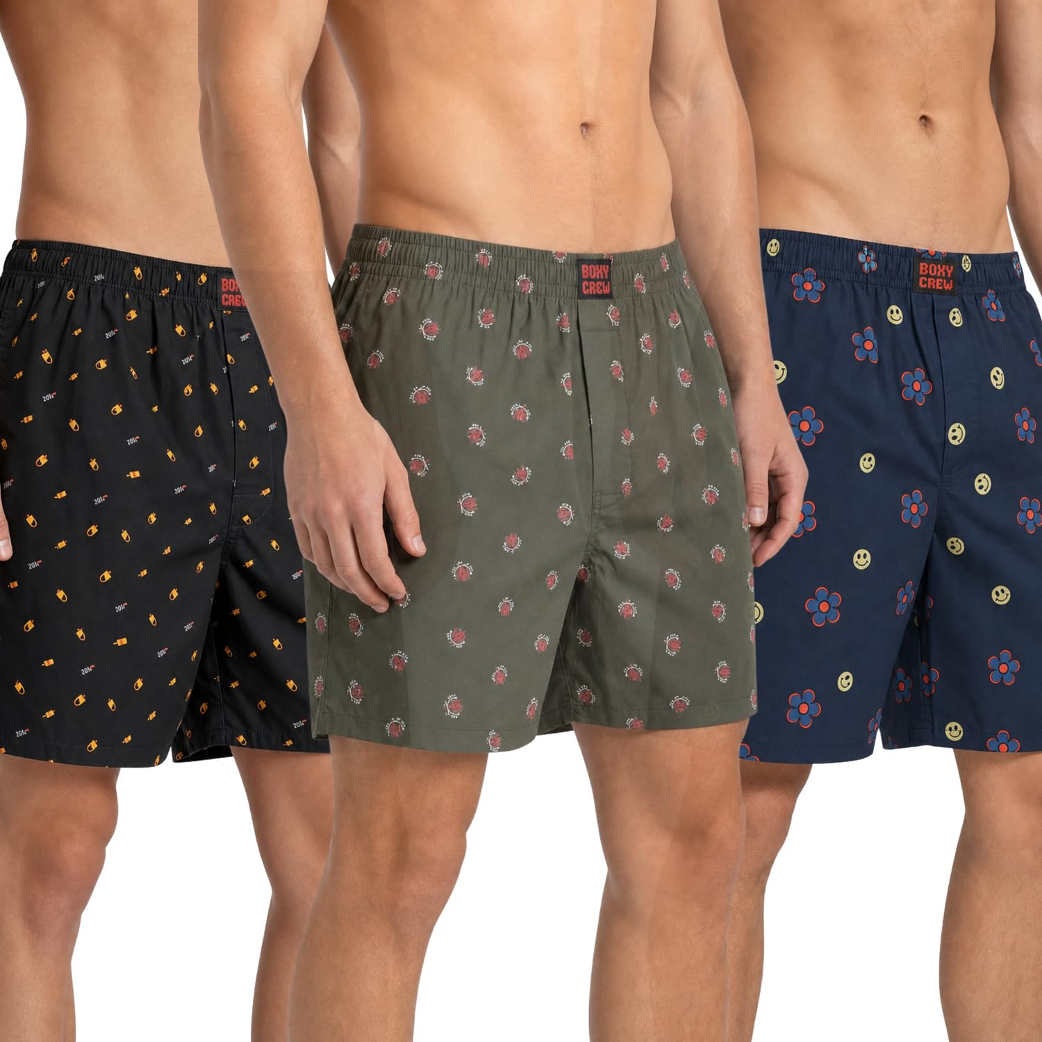 Men's 100% Cotton Printed Boxer Shorts Pack of 3 with Dual Side Pockets and Fabric-Covered Waistband - Black/Olive/Navy Blue, Styles MBX016, MBX026, MBX029-image-46