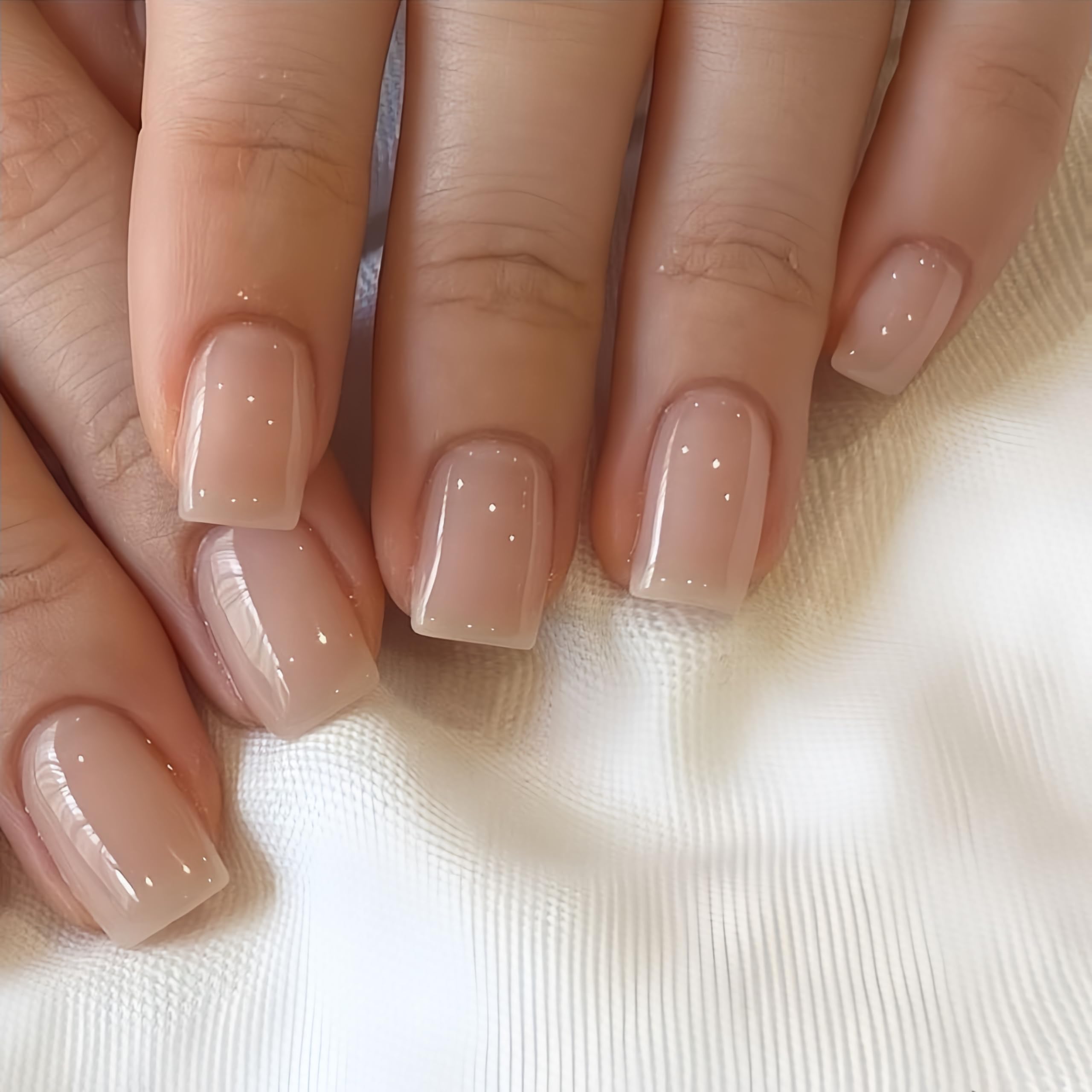 KQueenest Natural Sheer Nude Press on Nails Short Square, Glossy Pure Real Glue on Nails Short, Small Fake Nails Press on, Elegant Stick on Nails for