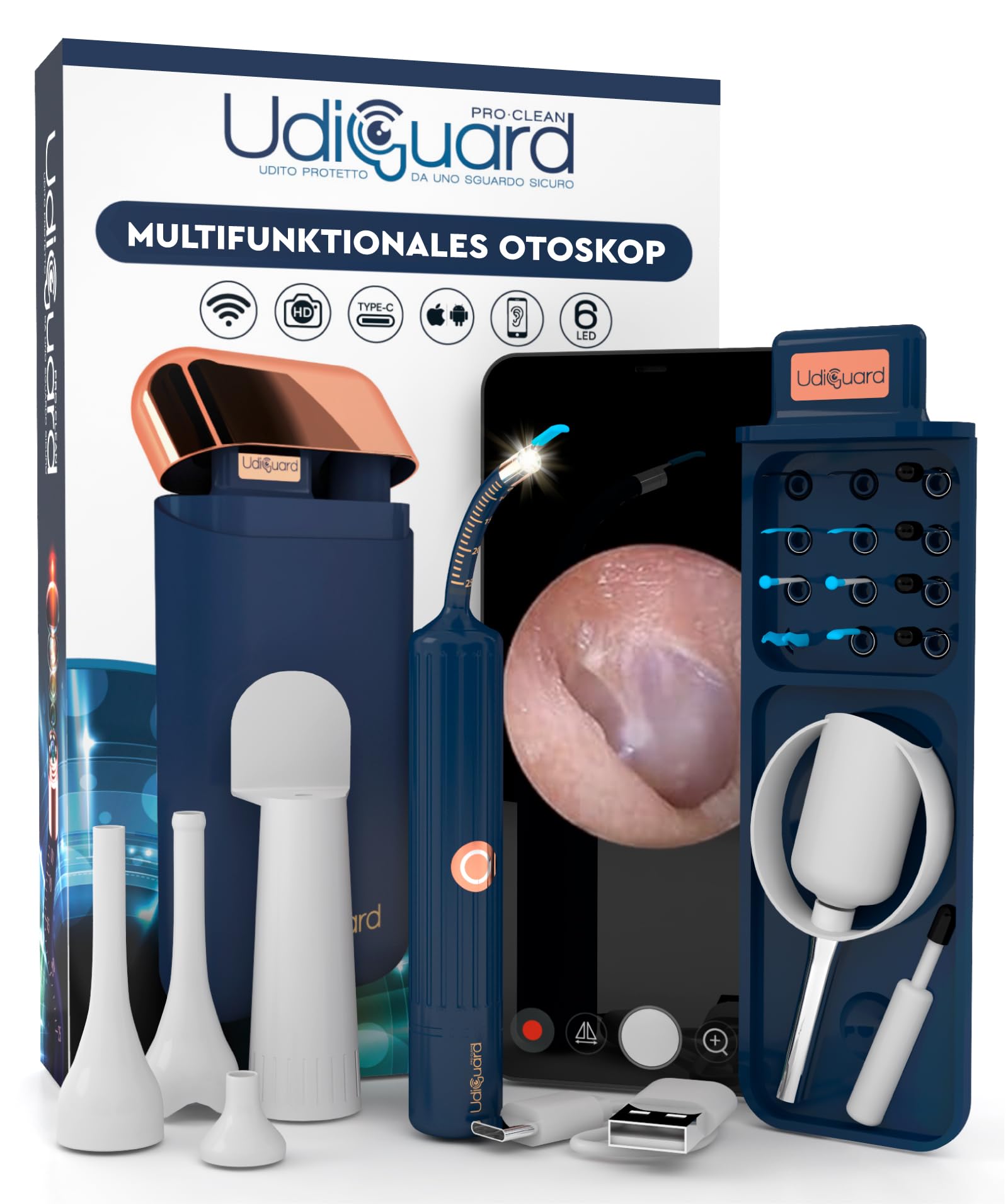 Ohrenschmalz Entferner Otoskop 10MP-HD-Kamera WiFi Flexibler Digitaler Ohrreiniger UdiGuard Pro-Clean Ohrenspiegel mit Pinzette und Austauschbaren Spitzen - Erwachsene und Kinder Hals-Nasen-Ohren-Set