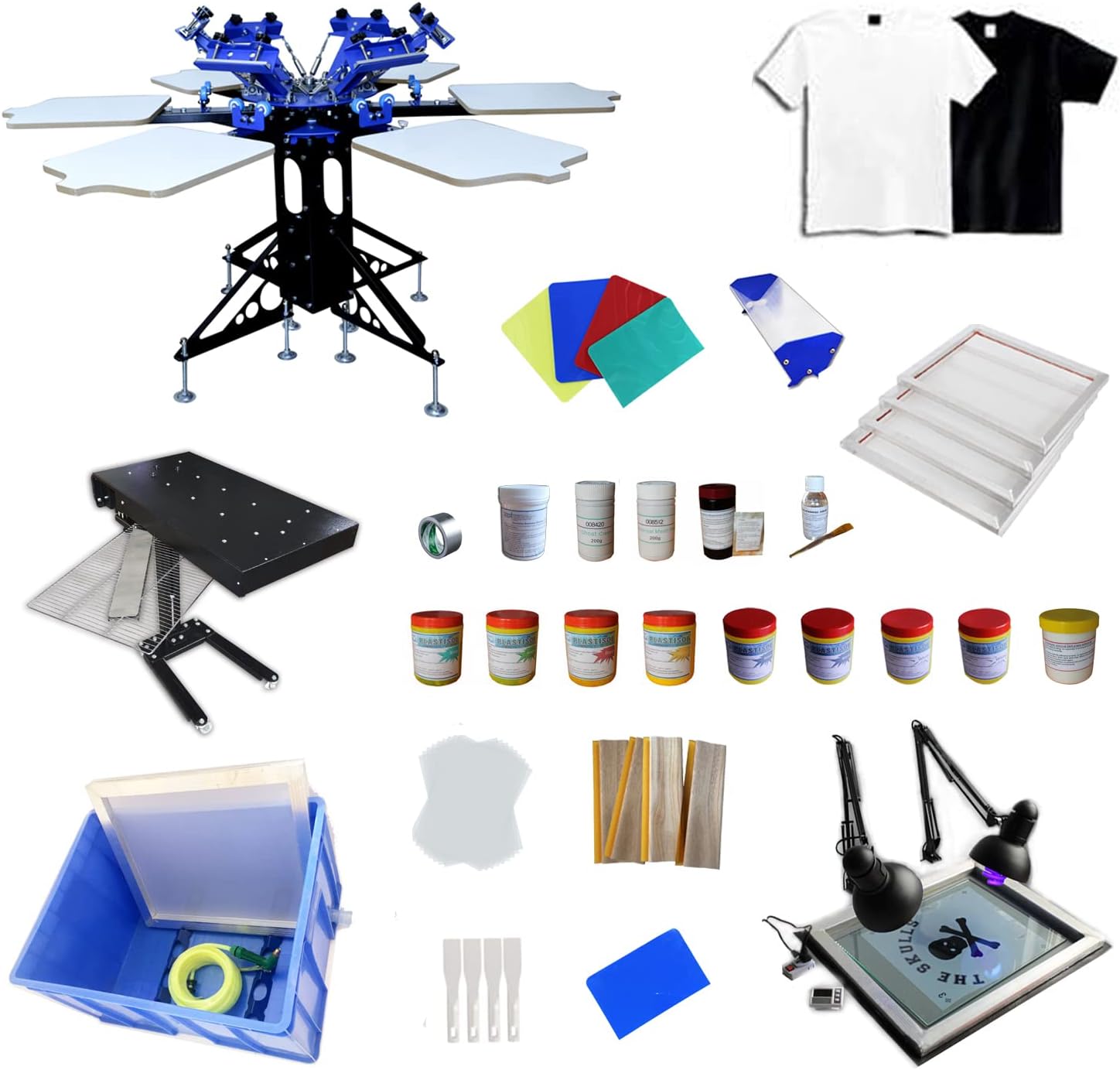 Tianiuseen 6 Color 6 Station Screen Printing Kit Screen Printer Silk Printing Press Equipment Material Screen Printing Flash Dryer for T-Shirt DIY